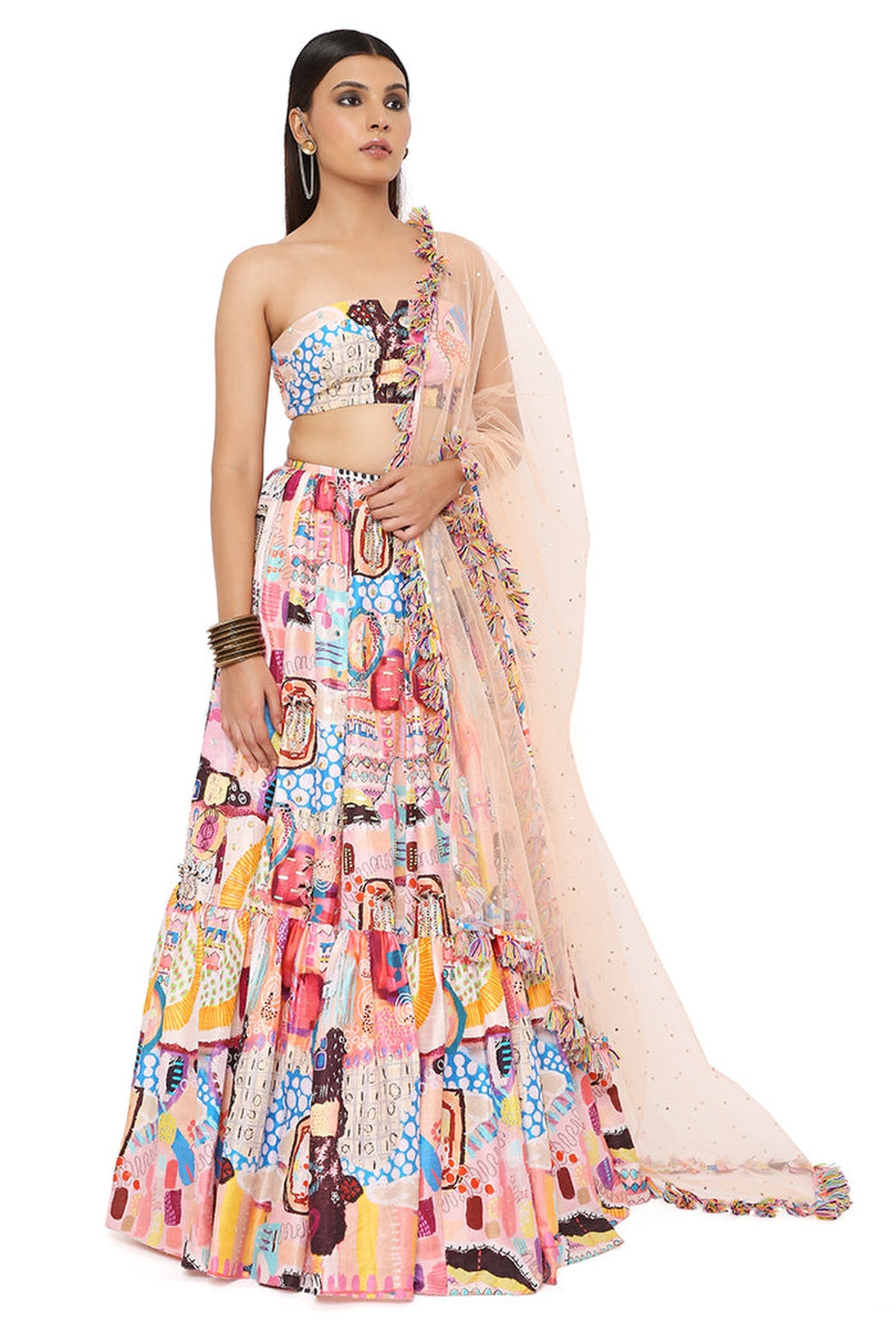 AMALIA TRANCE PRINT DUPION SILK EMBROIDERED BUSTIER WITH FRILL HEM LEHENGA AND MUKAISH NET DUPATTA