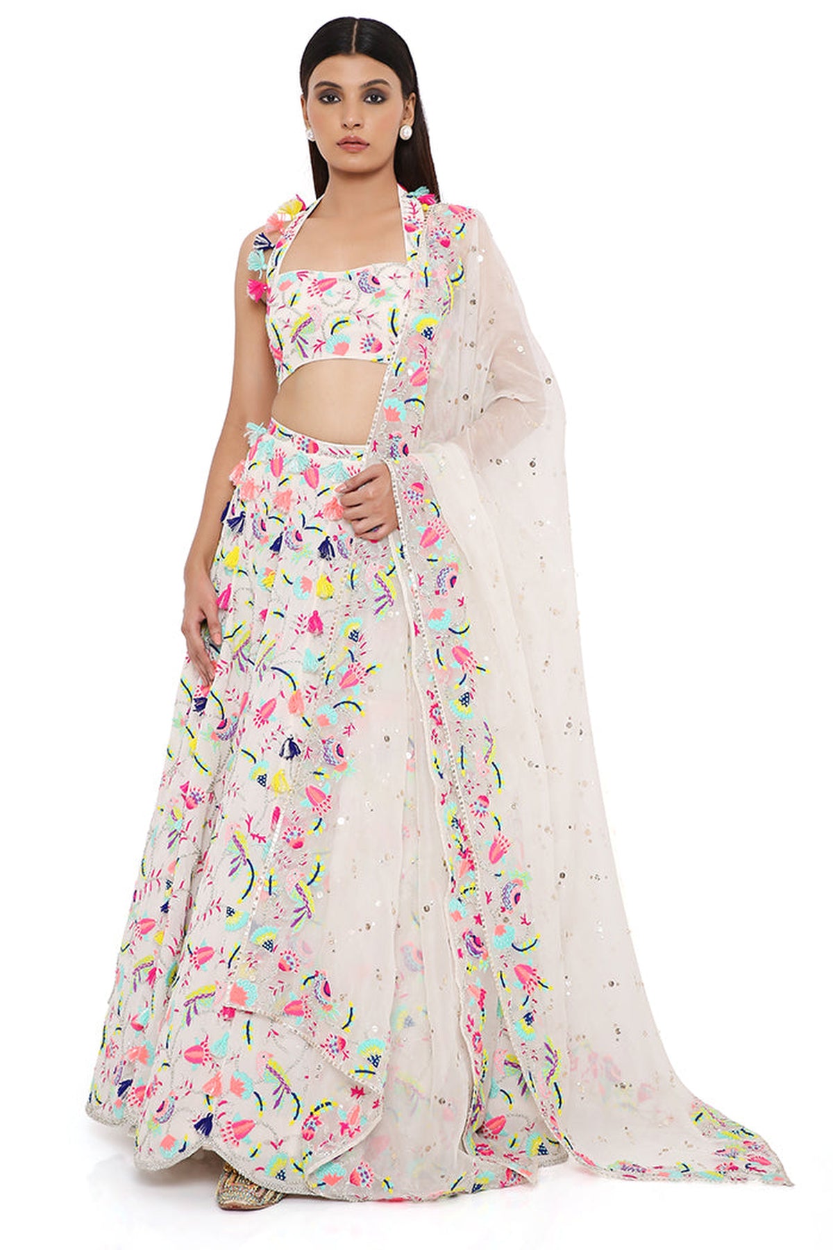MAHIRA STONE GEORGETTE EMBROIDERED HALTER TOP AND LEHENGA WITH MUKAISH ORGANZA DUPATTA