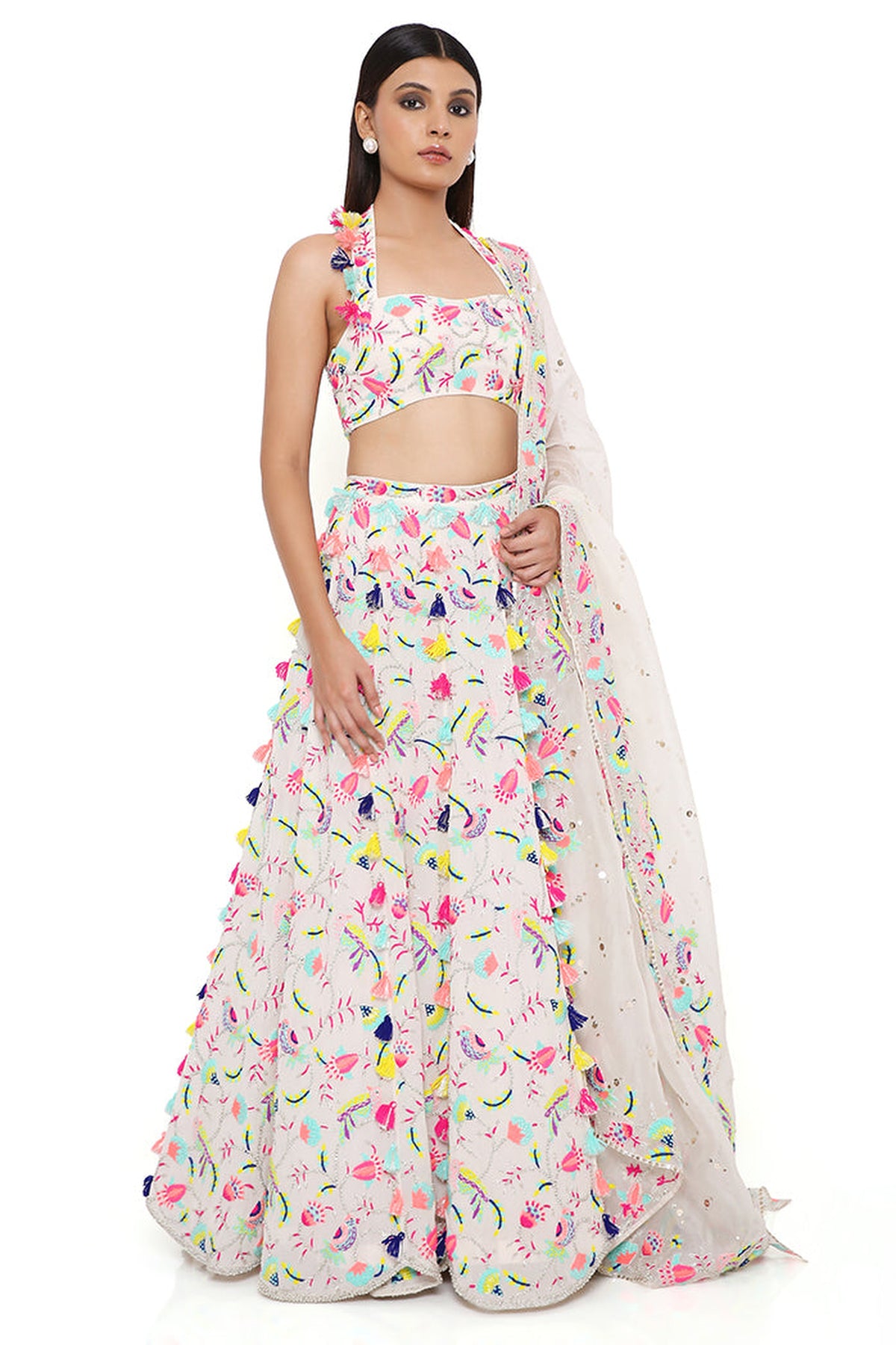 MAHIRA STONE GEORGETTE EMBROIDERED HALTER TOP AND LEHENGA WITH MUKAISH ORGANZA DUPATTA