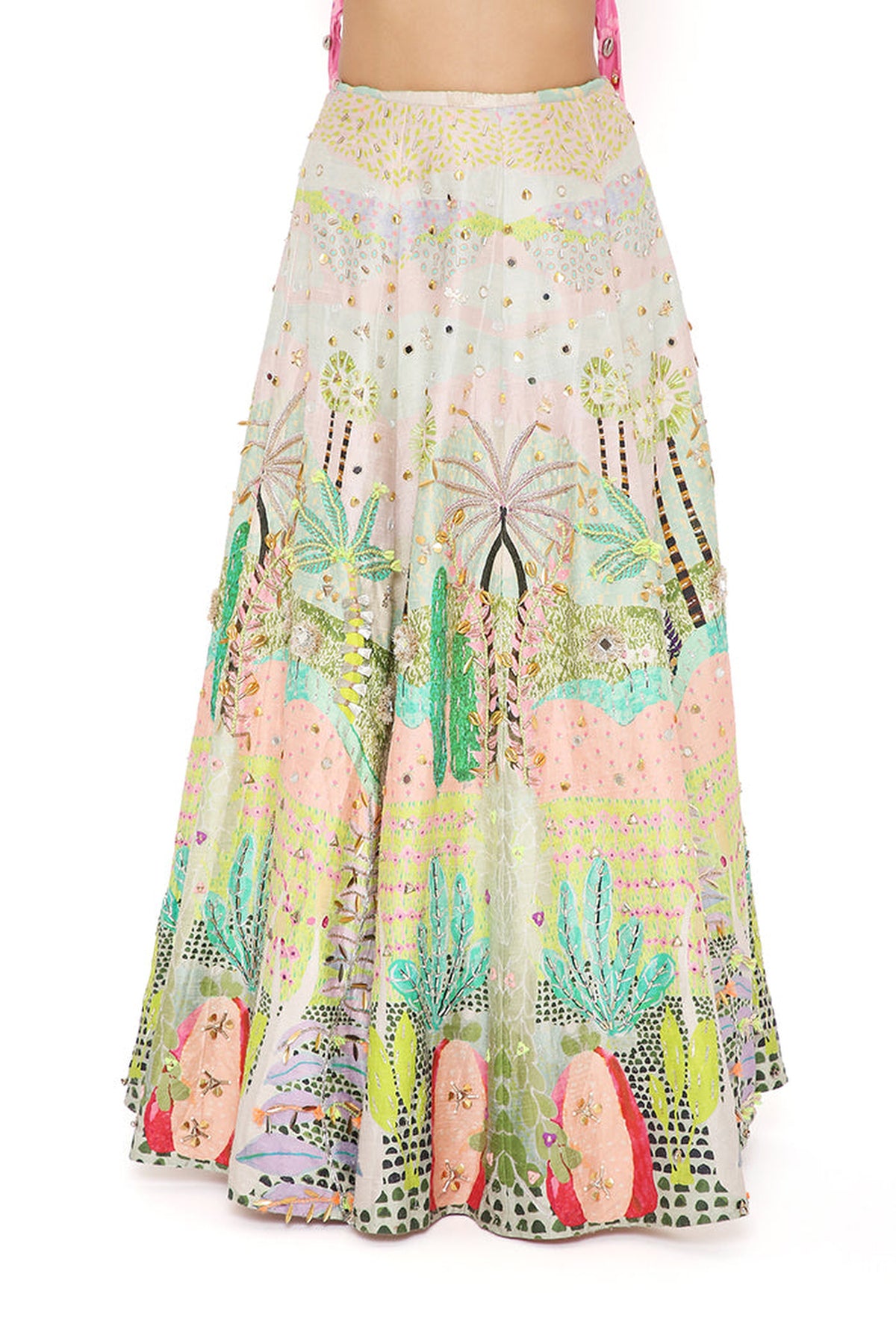 IVANA PINK KITE PRINT EMBROIDERED BUSTIER WITH TROPICAL PRINT EMBROIDERED LEHENGA AND MUKAISH NET DUPATTA