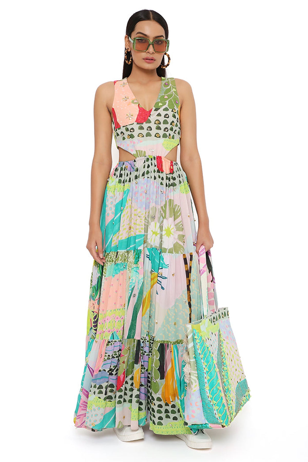 EMMA TROPICAL PRINT GEORGETTE EMBROIDERED CUT OUT DRESS