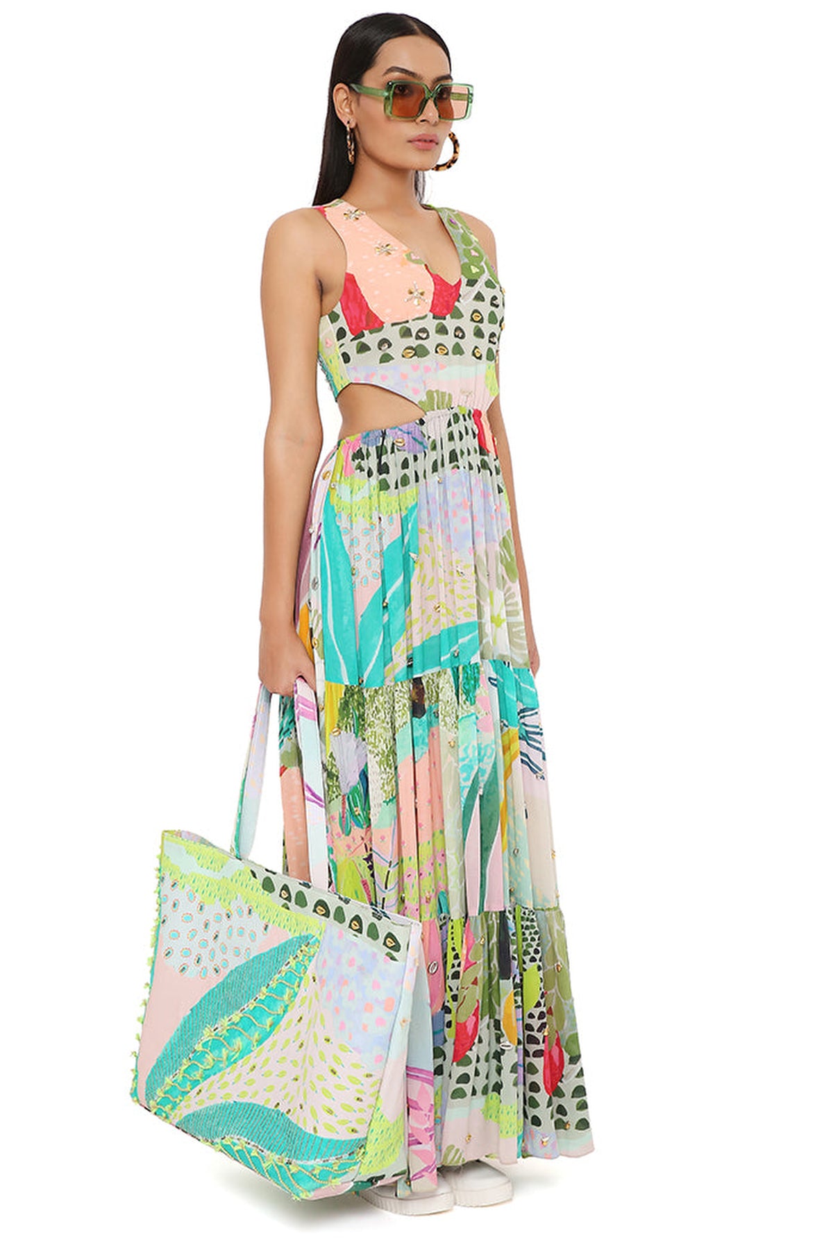 EMMA TROPICAL PRINT GEORGETTE EMBROIDERED CUT OUT DRESS