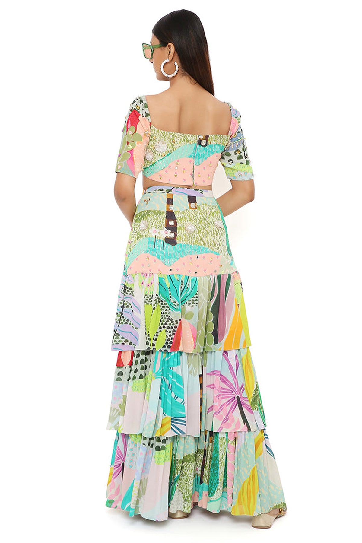 AGNES TROPICAL PRINT GEORGETTE EMBROIDERED TOP WITH LAYERED FRONT SLIT SKIRT