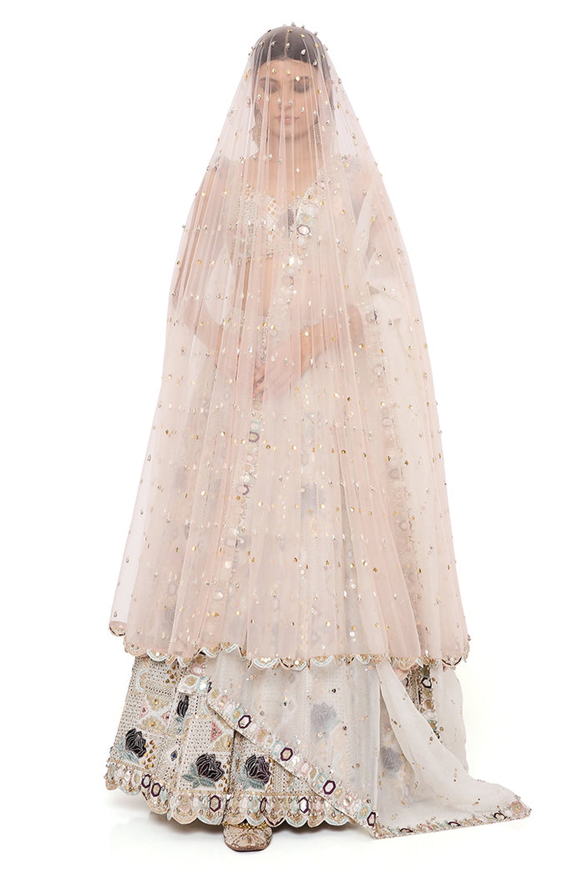 PADMA OFF WHITE GEORGETTE EMBROIDERED CHOLI AND LEHENGA WITH MUKAISH ORGANZA DUPATTA AND ROSE PINK EMBROIDERED TULLE VEIL