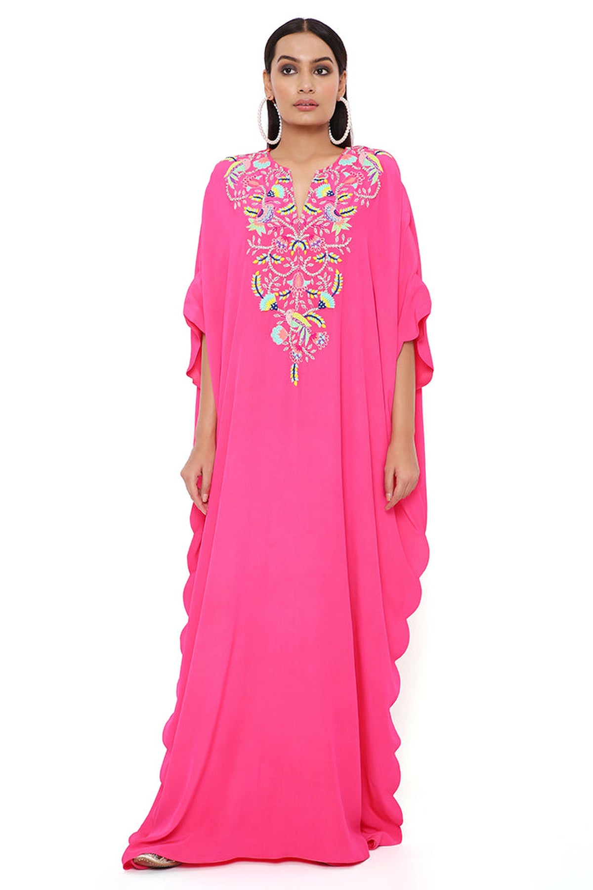PINK CREPE EMBROIDERED SCALLOPED KAFTAN