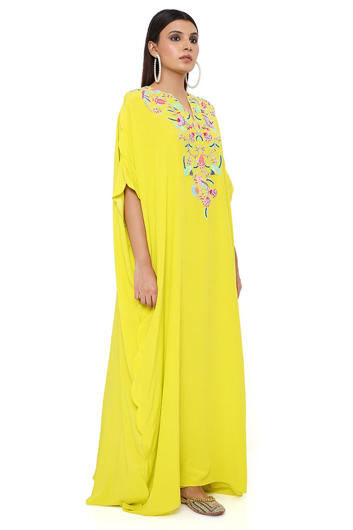 LIME CREPE EMBROIDERED SCALLOPED KAFTAN