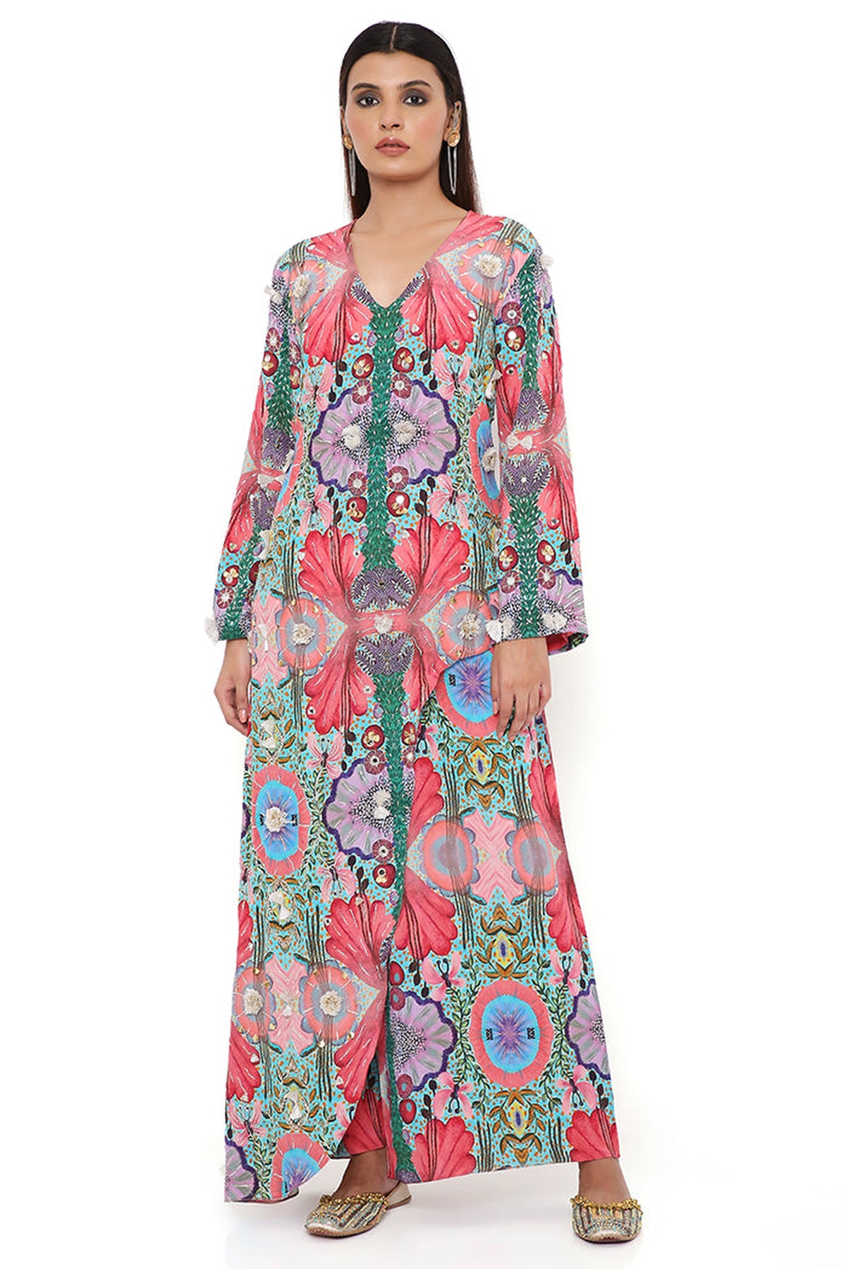 RED ENCHANTED PRINT CREPE EMBROIDERED KURTA WITH CROPPED PALAZZO