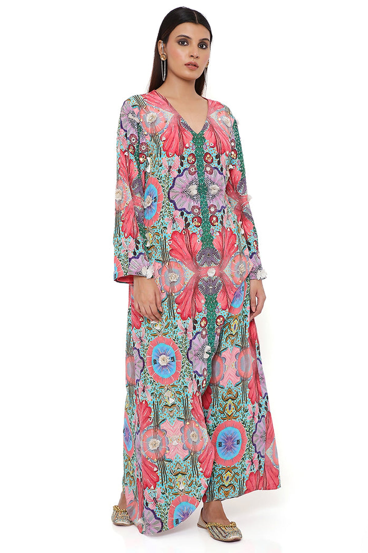 RED ENCHANTED PRINT CREPE EMBROIDERED KURTA WITH CROPPED PALAZZO
