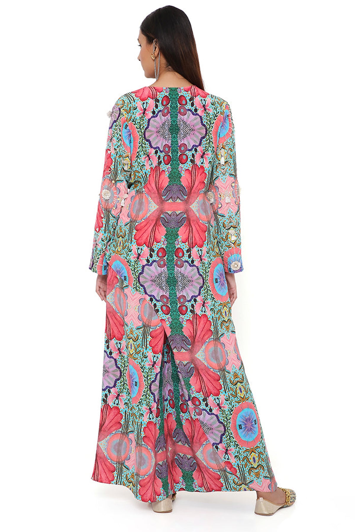 RED ENCHANTED PRINT CREPE EMBROIDERED KURTA WITH CROPPED PALAZZO