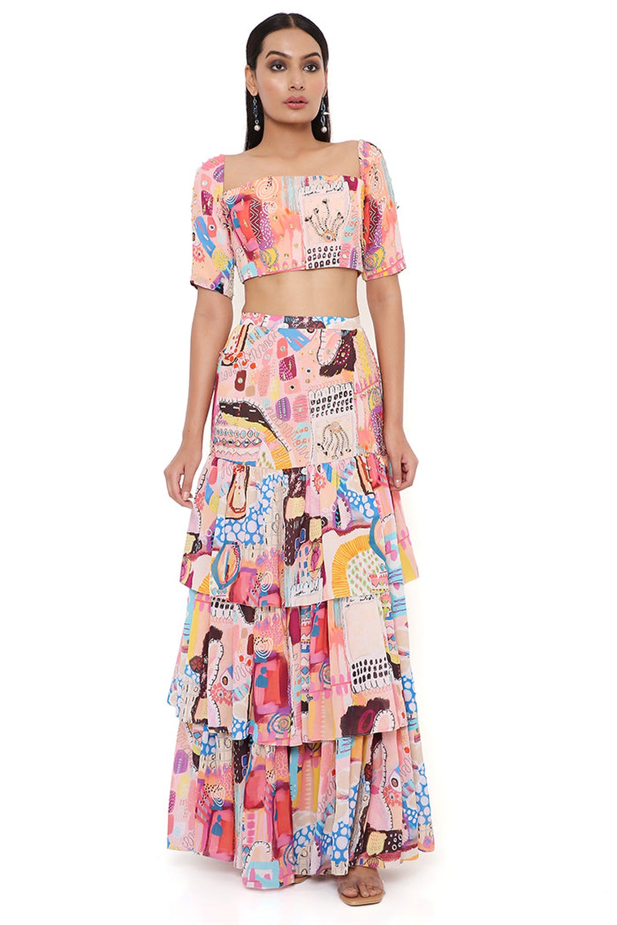 TRANCE PRINT GEORGETTE EMBROIDERED TOP WITH LAYERED FRONT SLIT SKIRT