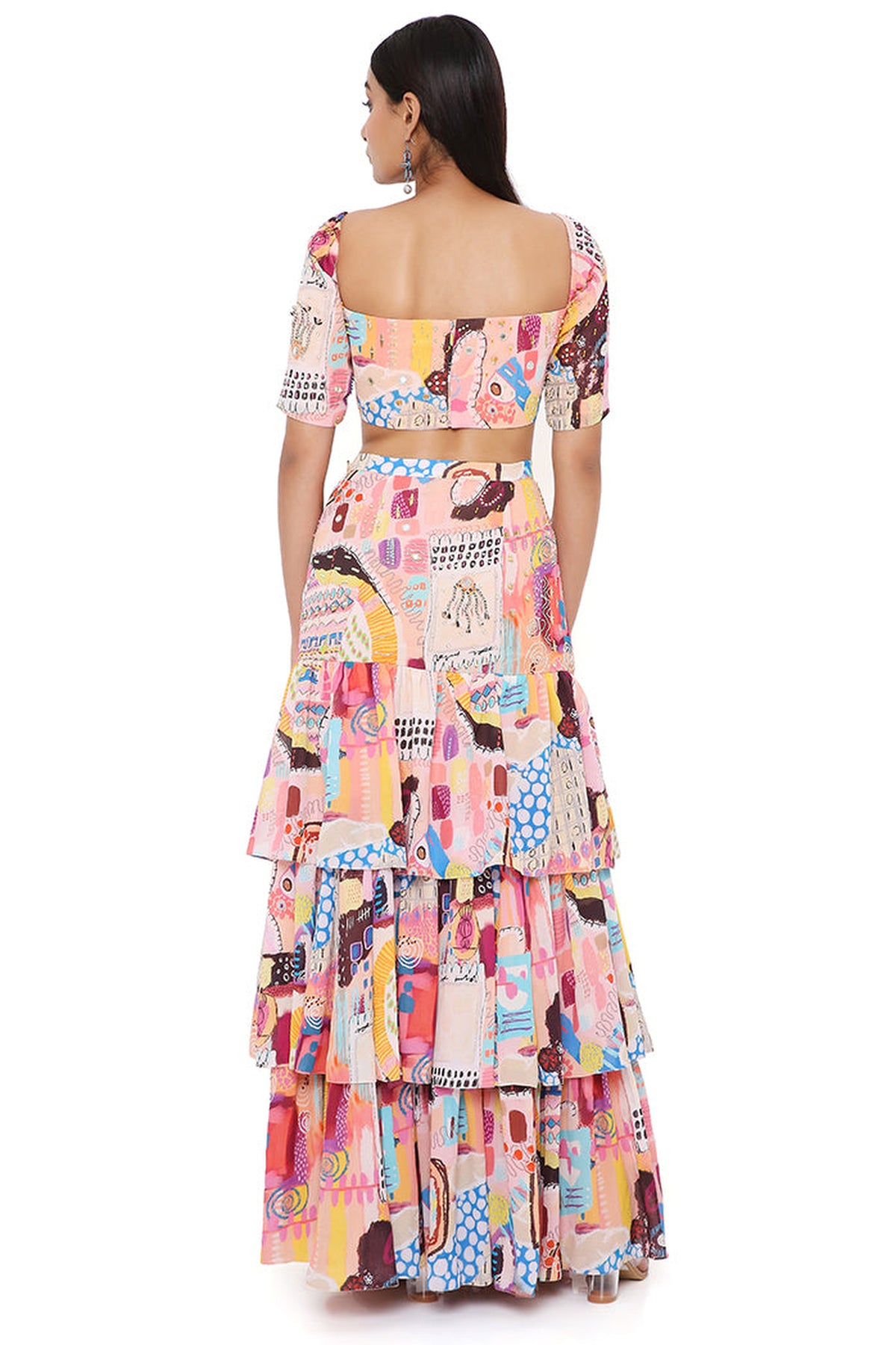 TRANCE PRINT GEORGETTE EMBROIDERED TOP WITH LAYERED FRONT SLIT SKIRT