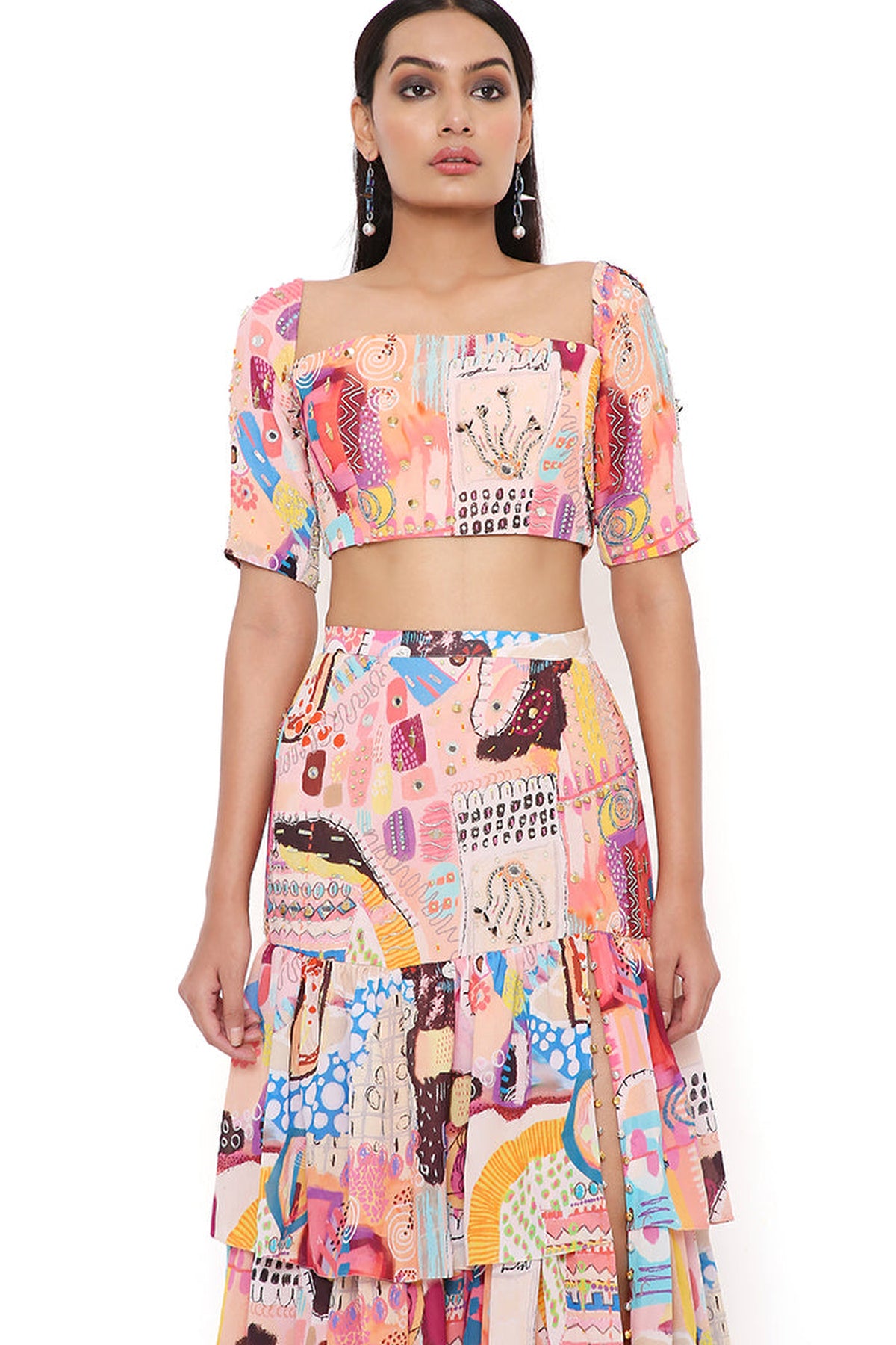 TRANCE PRINT GEORGETTE EMBROIDERED TOP WITH LAYERED FRONT SLIT SKIRT