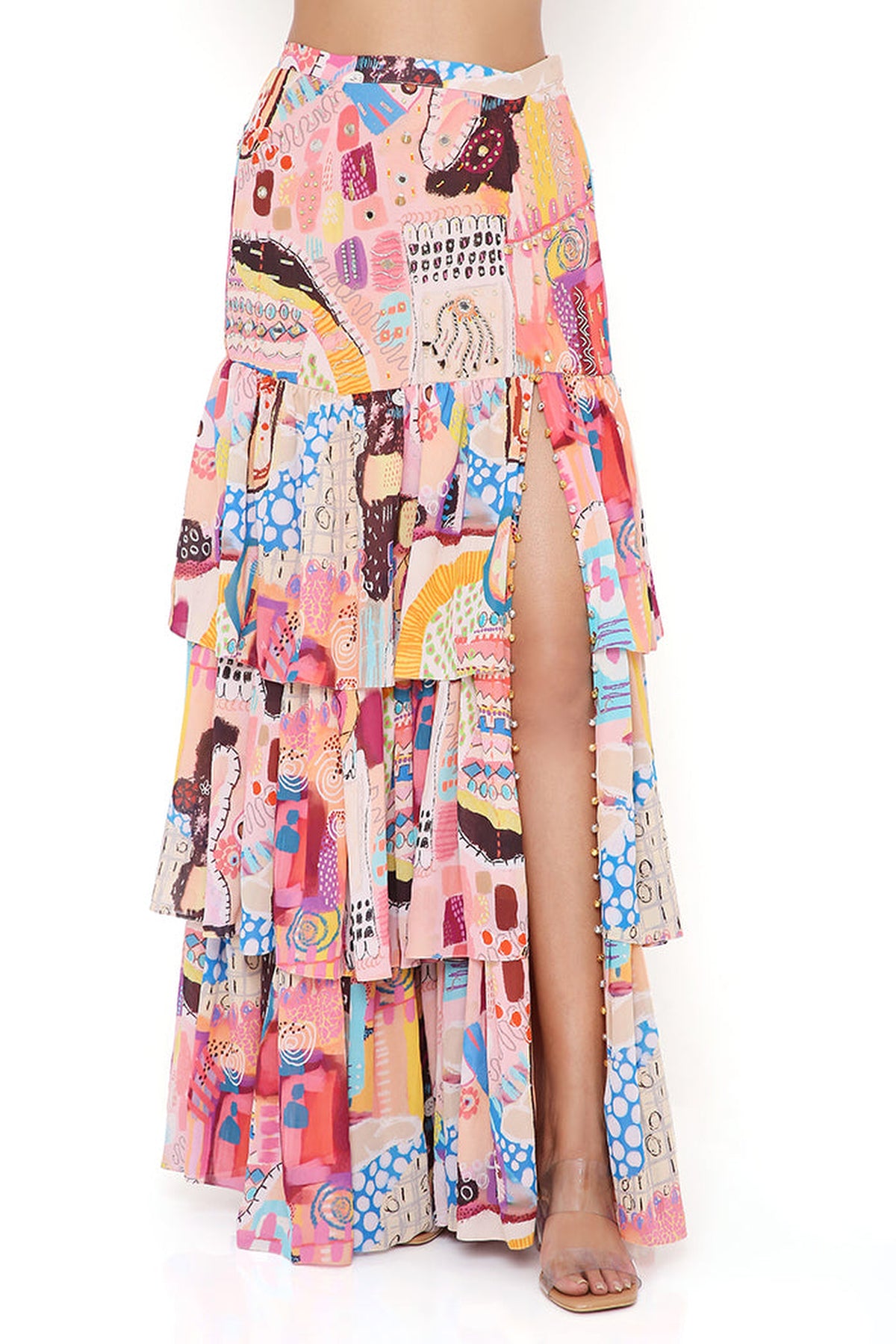 TRANCE PRINT GEORGETTE EMBROIDERED TOP WITH LAYERED FRONT SLIT SKIRT