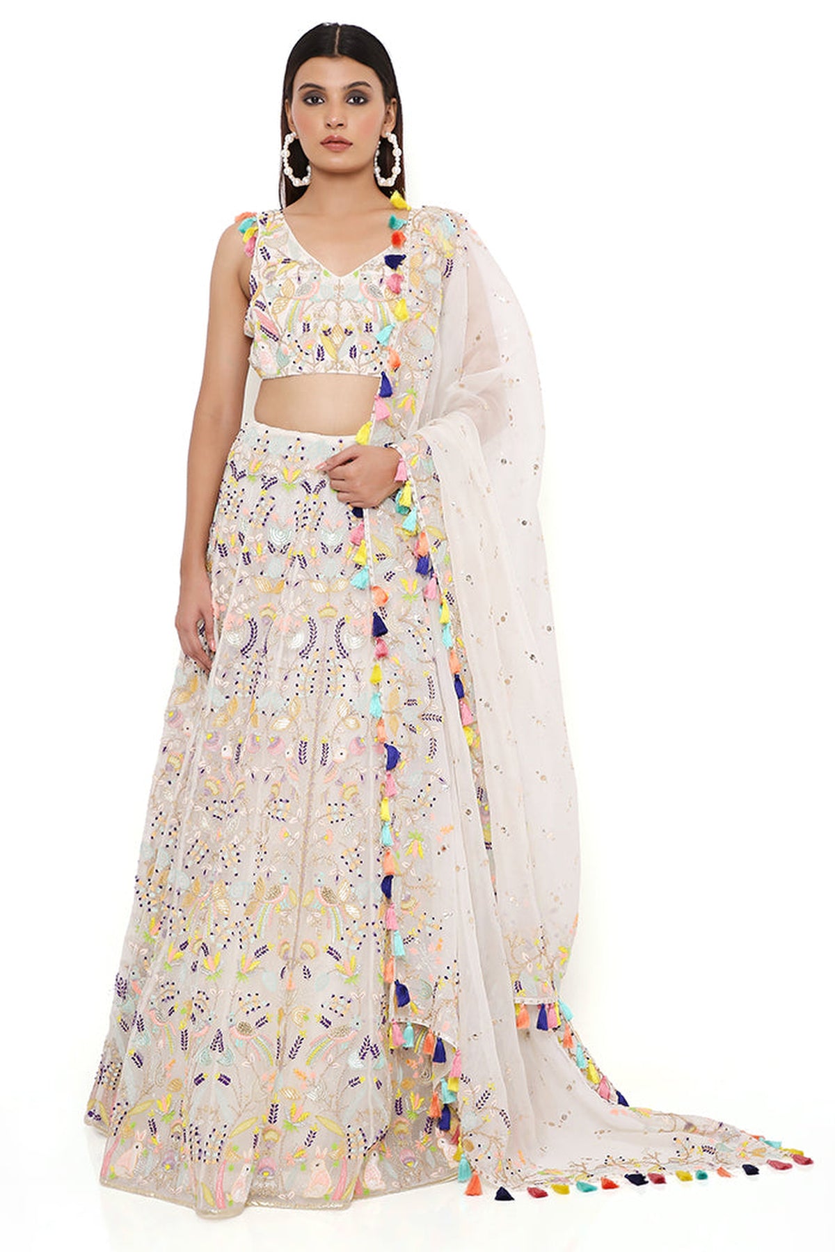OFF WHITE ORGANZA EMBROIDERED CHOLI AND LEHENGA WITH MUKAISH ORGANZA DUPATTA