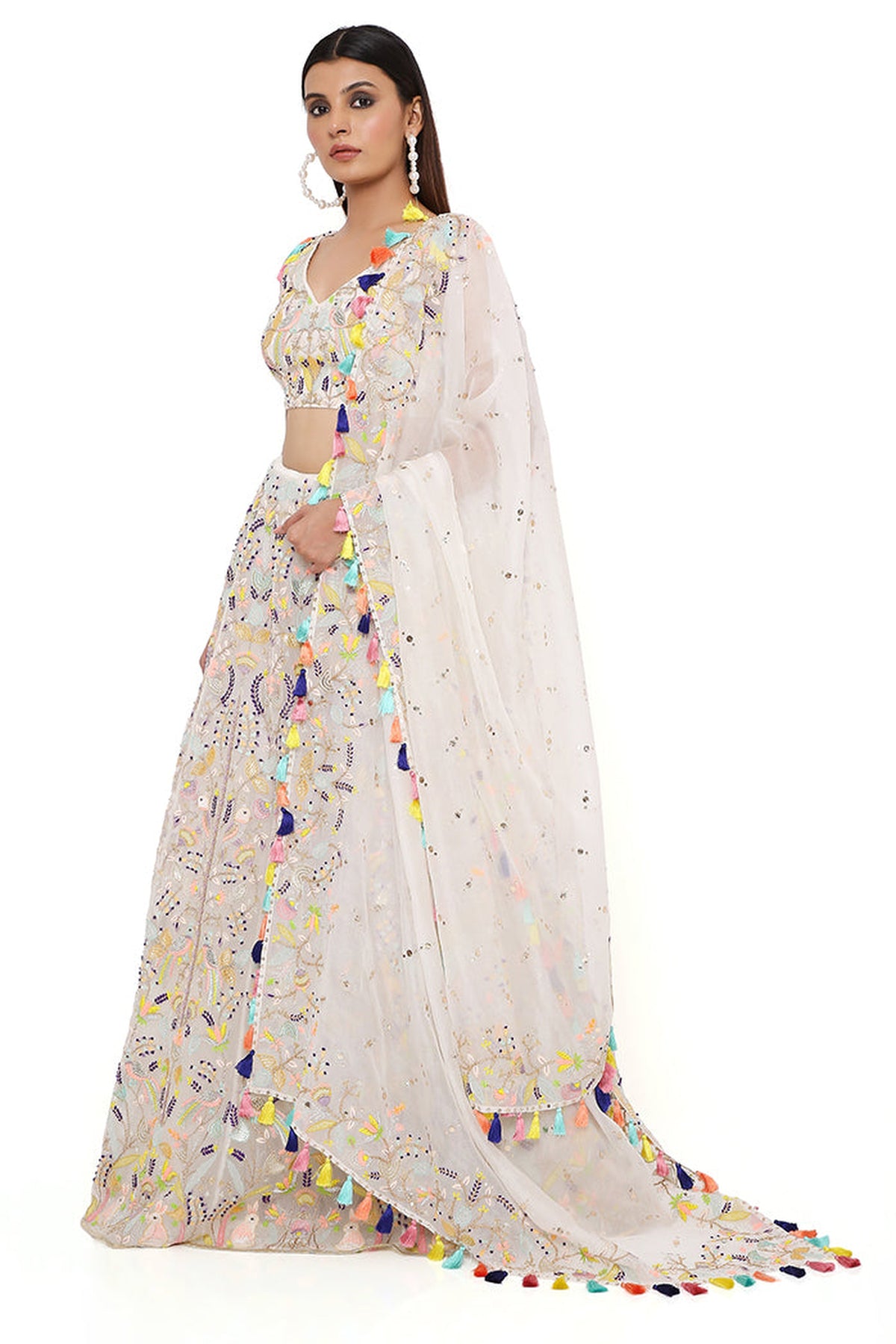 OFF WHITE ORGANZA EMBROIDERED CHOLI AND LEHENGA WITH MUKAISH ORGANZA DUPATTA