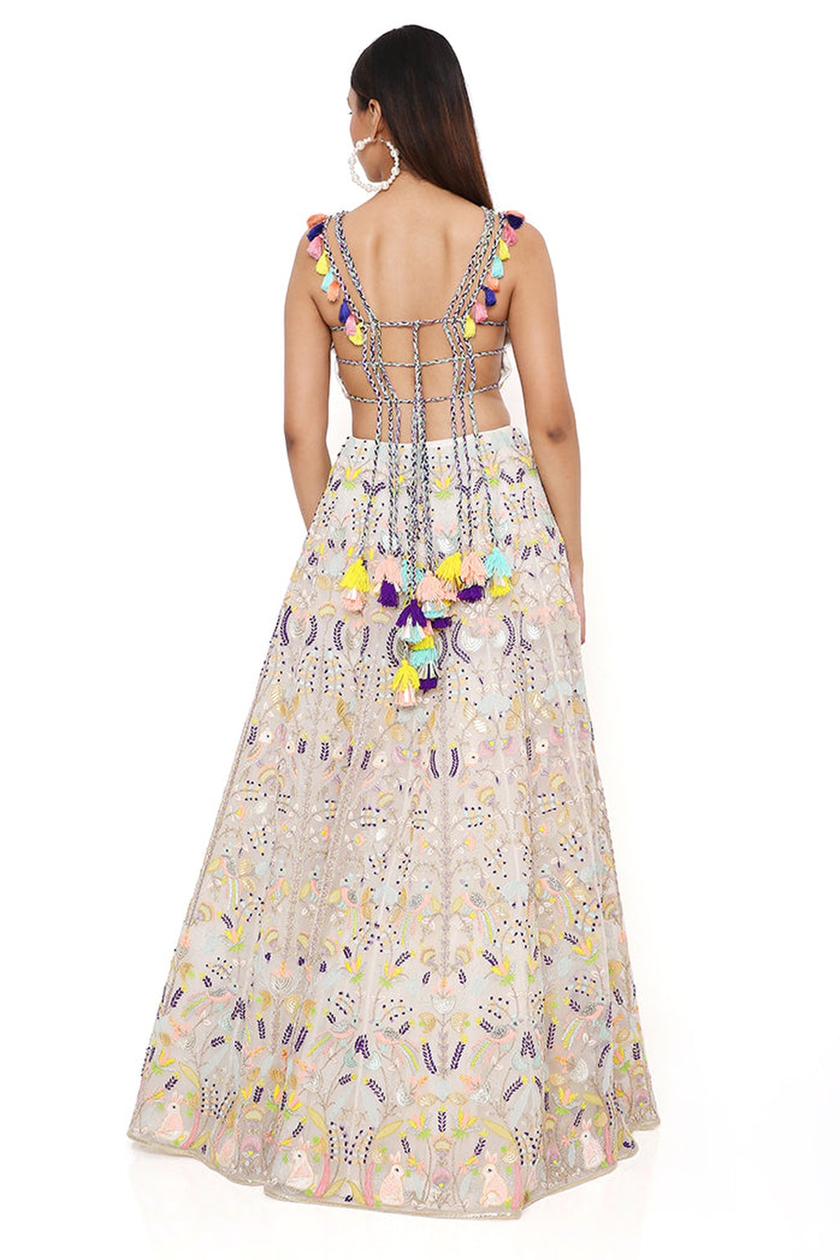 OFF WHITE ORGANZA EMBROIDERED CHOLI AND LEHENGA WITH MUKAISH ORGANZA DUPATTA