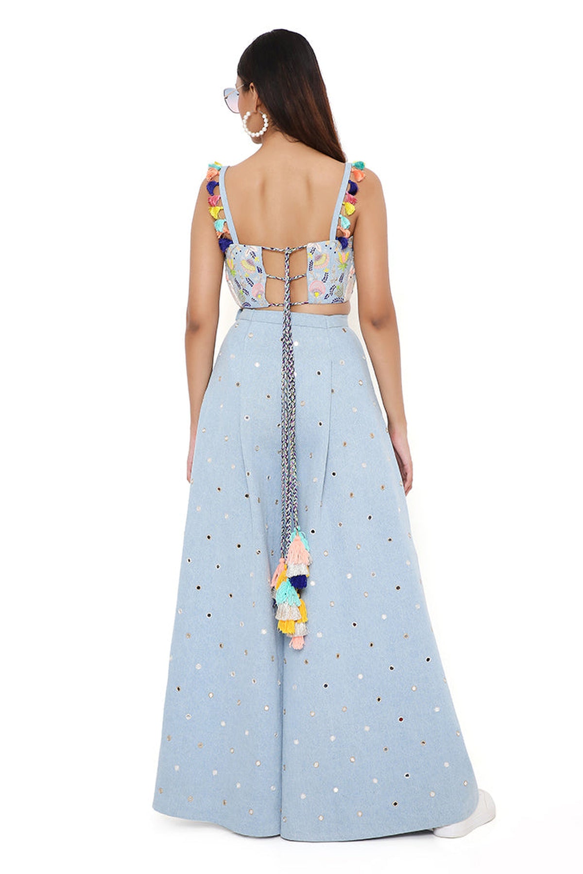 DENIM EMBROIDERED BUSTIER WITH FLARED PANTS