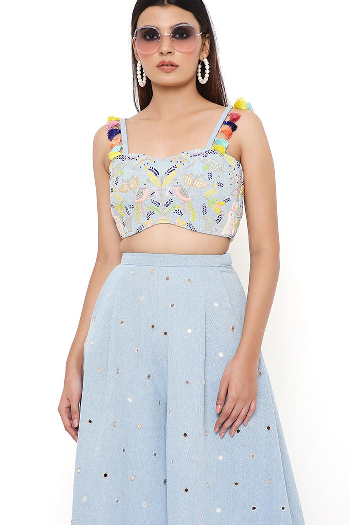 DENIM EMBROIDERED BUSTIER WITH FLARED PANTS