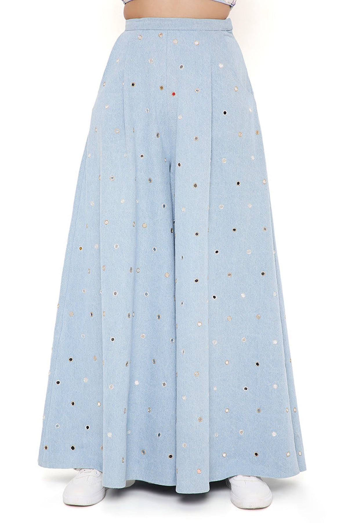 DENIM EMBROIDERED BUSTIER WITH FLARED PANTS