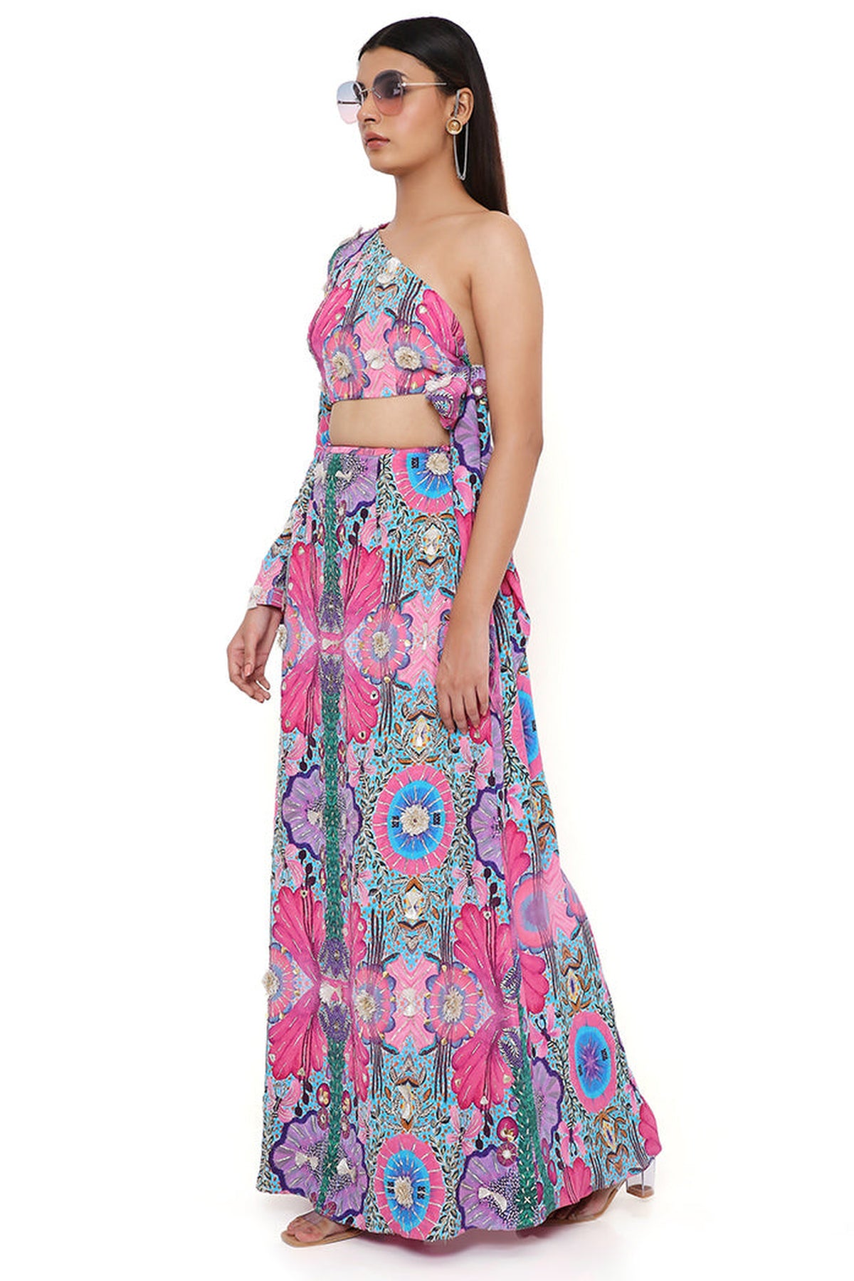 PINK ENCHANTED PRINT CREPE EMBROIDERED SIDE TIE-UP CHOLI WITH SKIRT