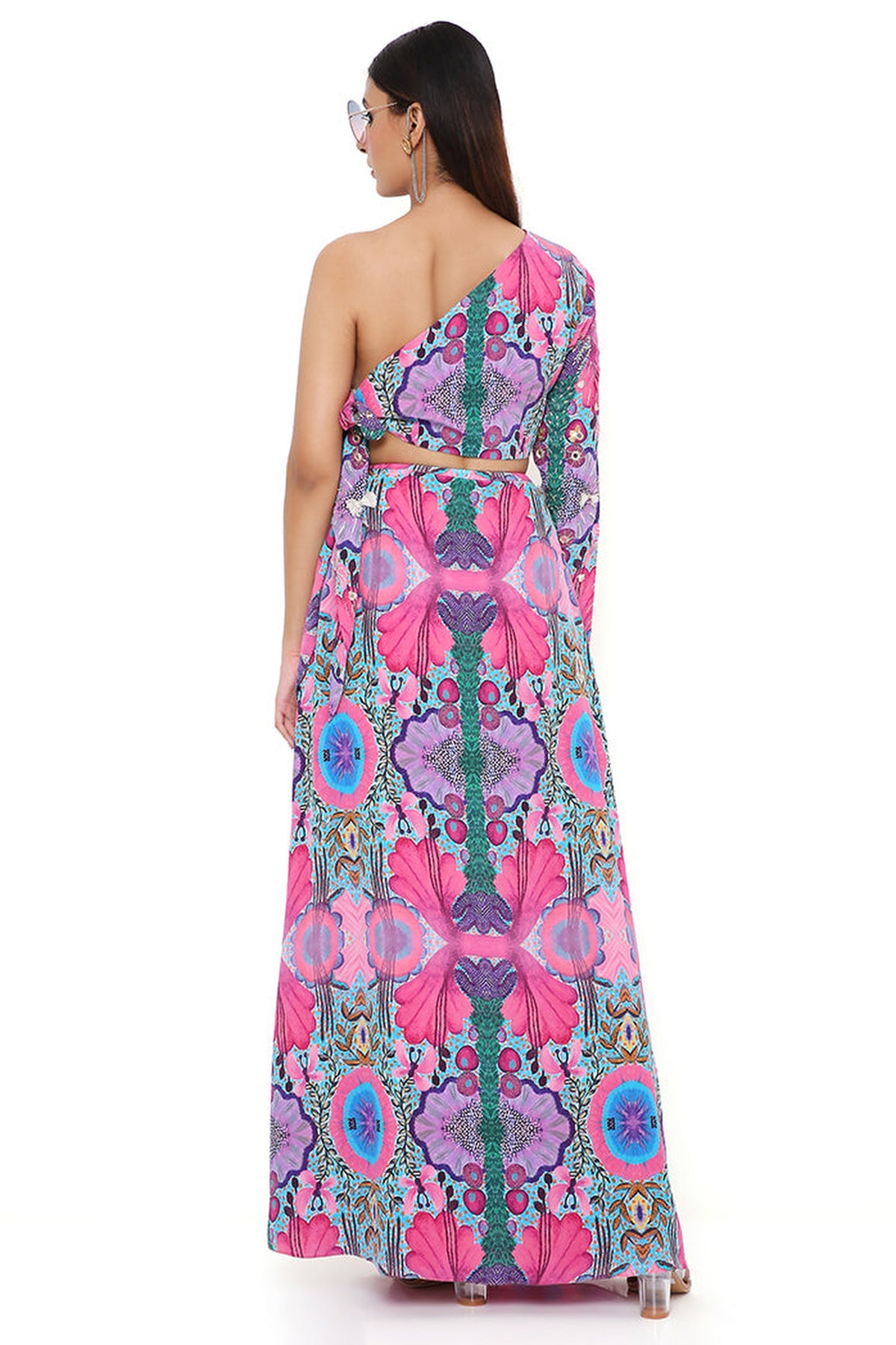 PINK ENCHANTED PRINT CREPE EMBROIDERED SIDE TIE-UP CHOLI WITH SKIRT