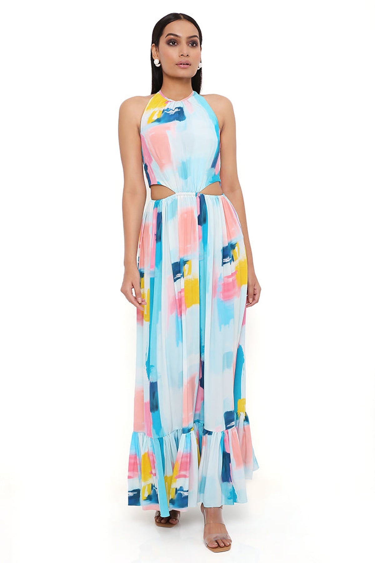 PAINTERLY PRINT CREPE CUT-OUT DRESS