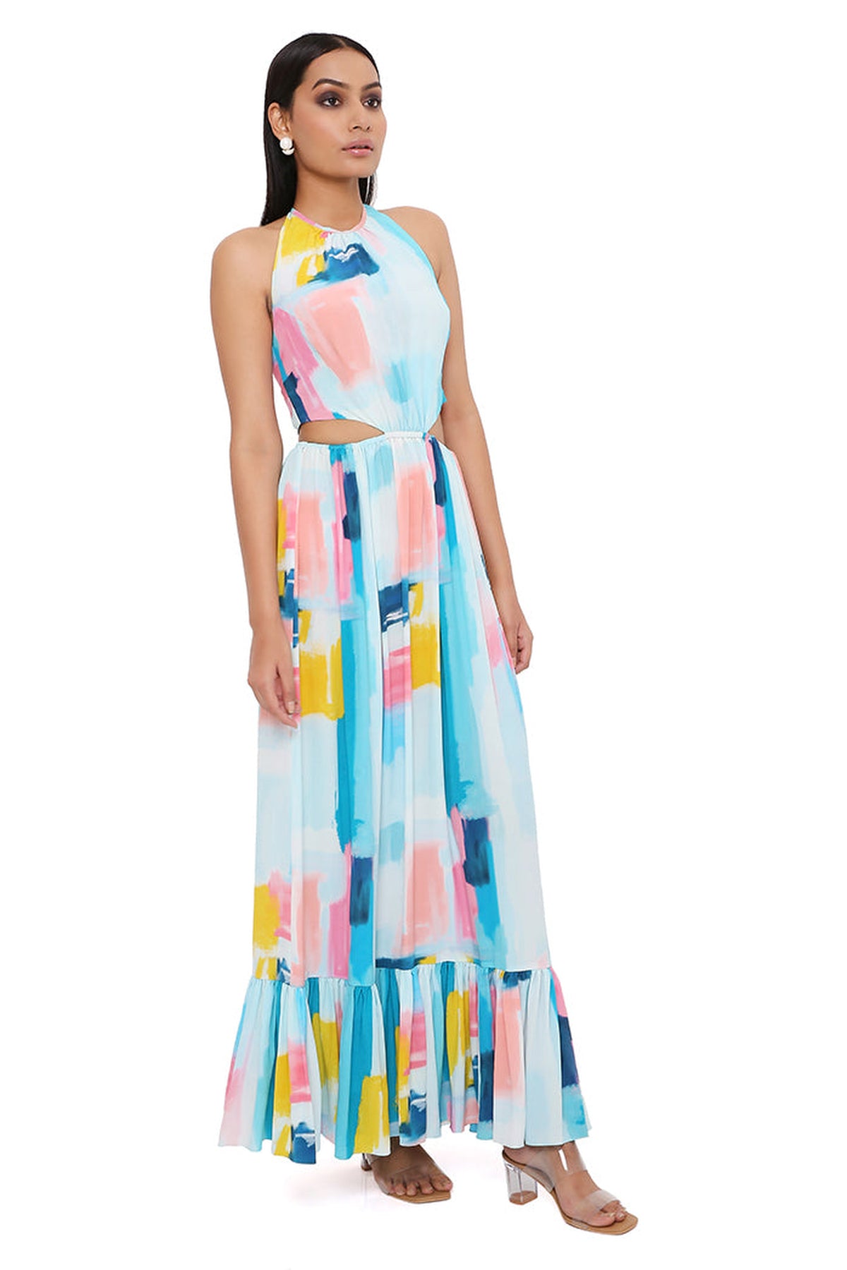 PAINTERLY PRINT CREPE CUT-OUT DRESS