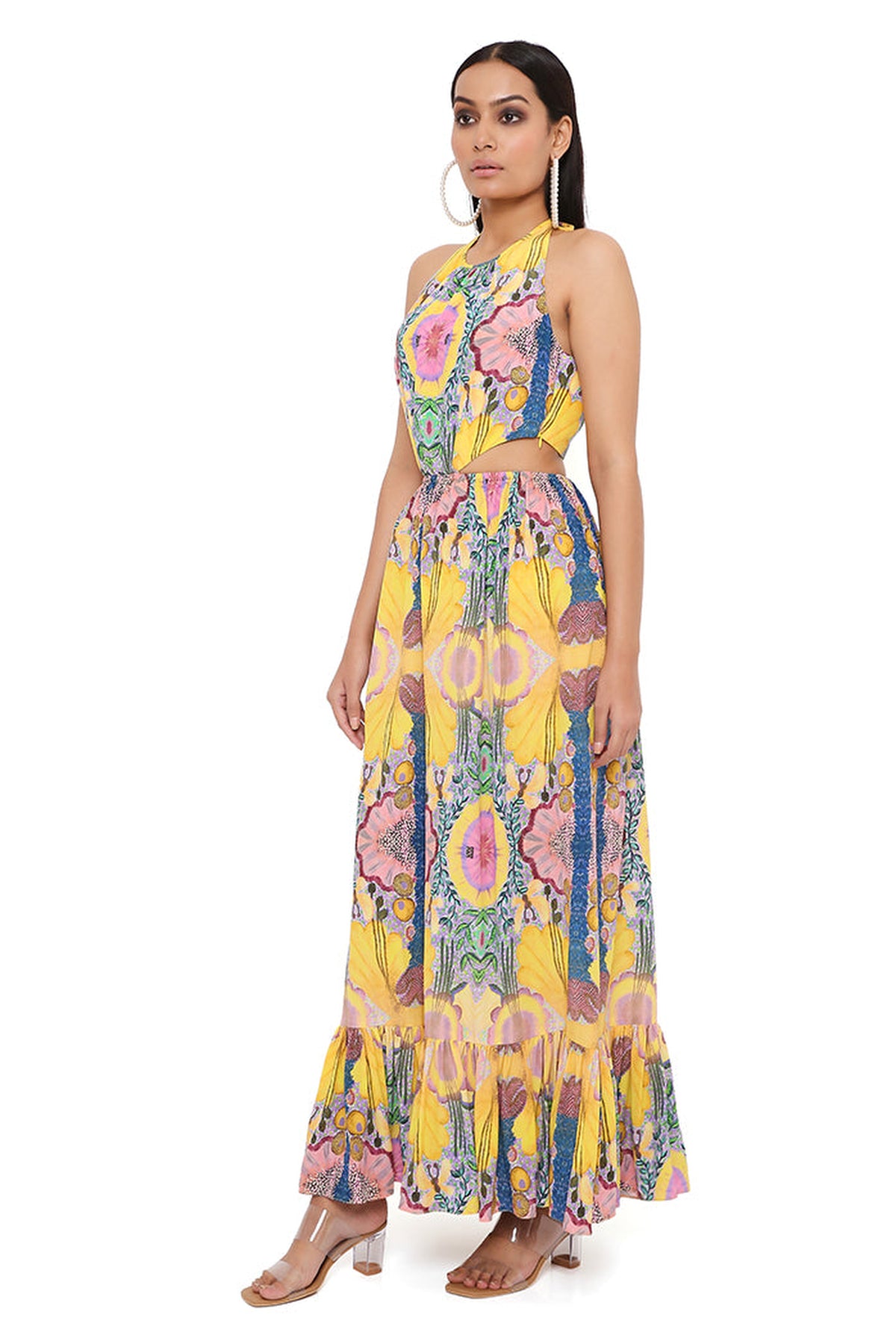 YELLOW ENCHANTED PRINT CREPE CUT-OUT DRESS