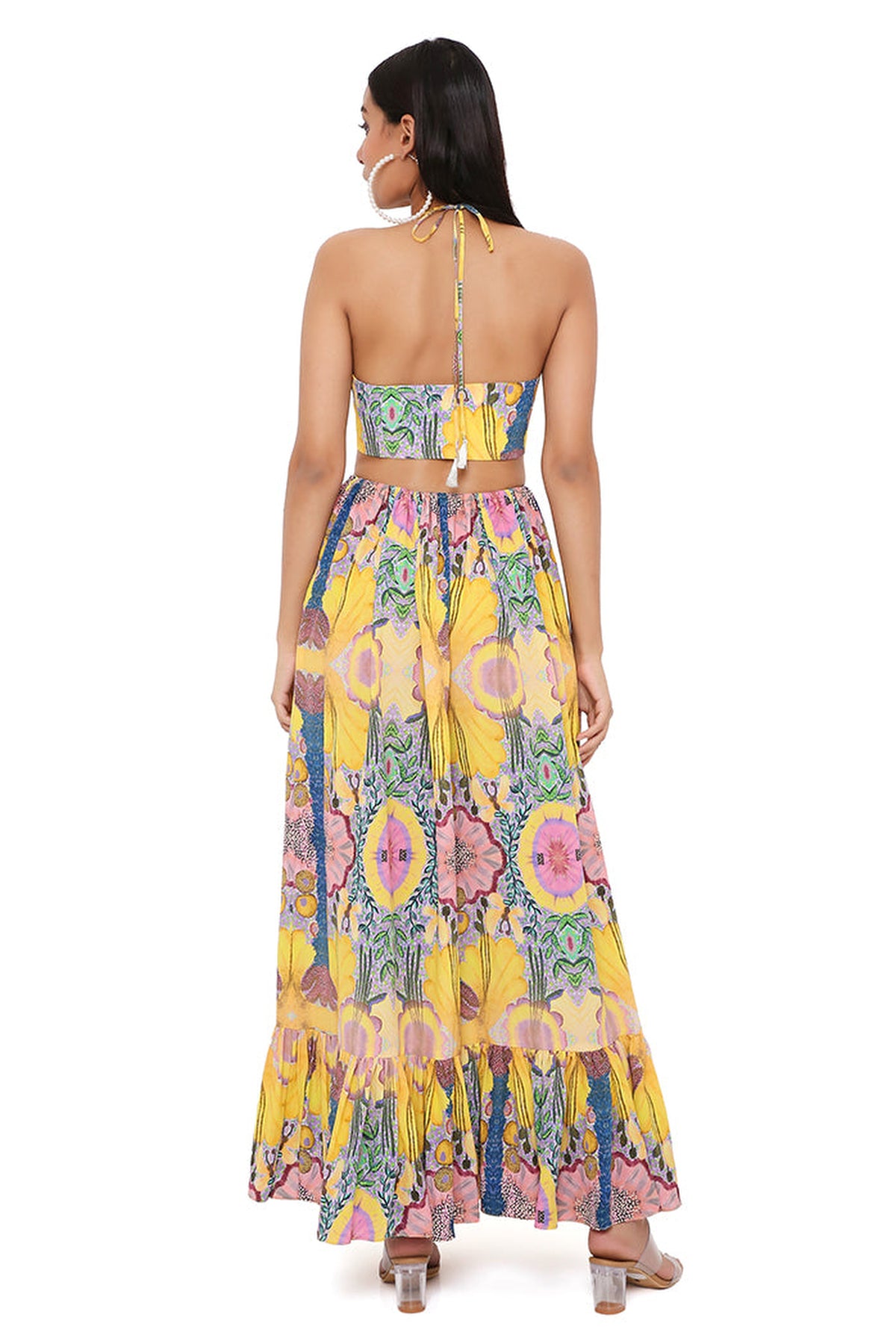 YELLOW ENCHANTED PRINT CREPE CUT-OUT DRESS