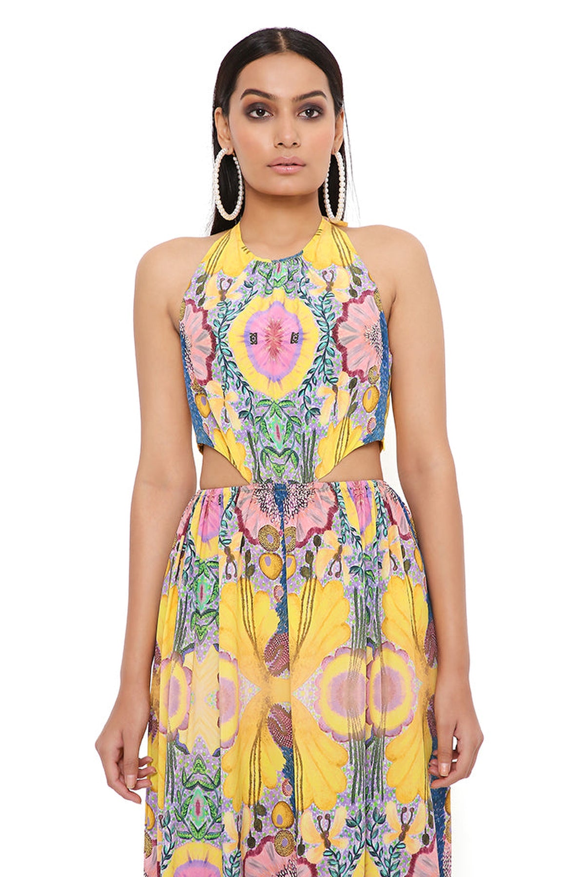 YELLOW ENCHANTED PRINT CREPE CUT-OUT DRESS