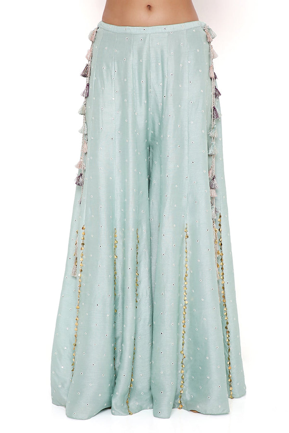 POWDER BLUE GEORGETTE EMBROIDERED CHOLI WITH ABLA SILK SHARARA