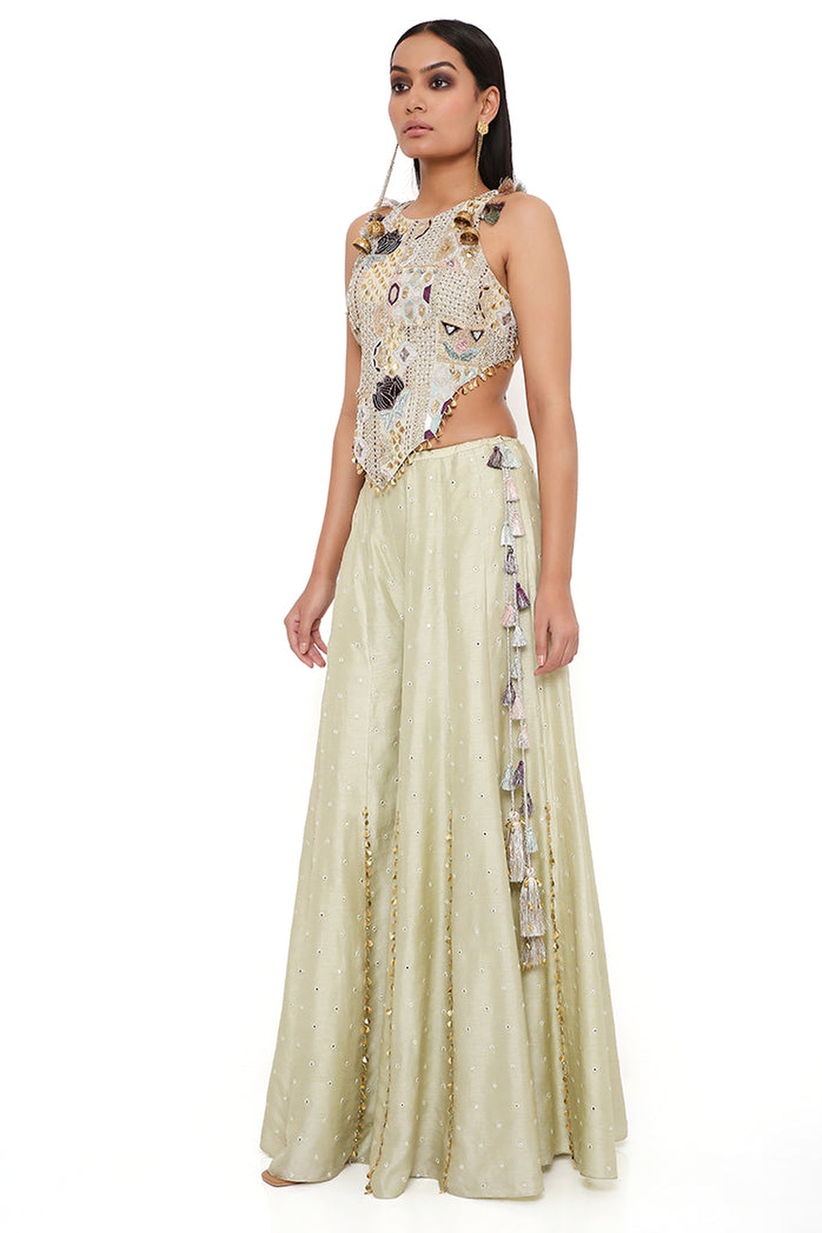MINT GEORGETTE EMBROIDERED CHOLI WITH ABLA SILK SHARARA