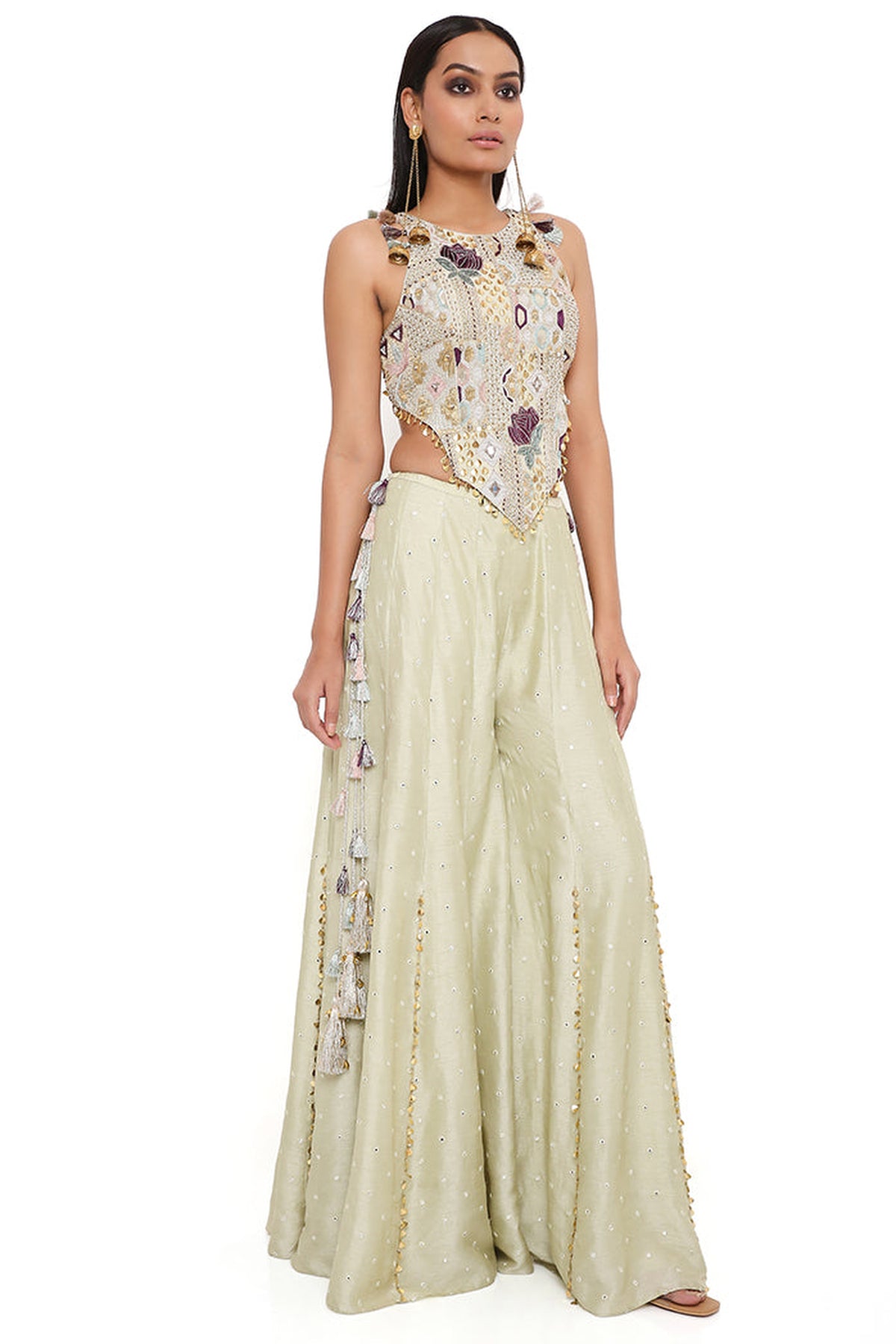 MINT GEORGETTE EMBROIDERED CHOLI WITH ABLA SILK SHARARA