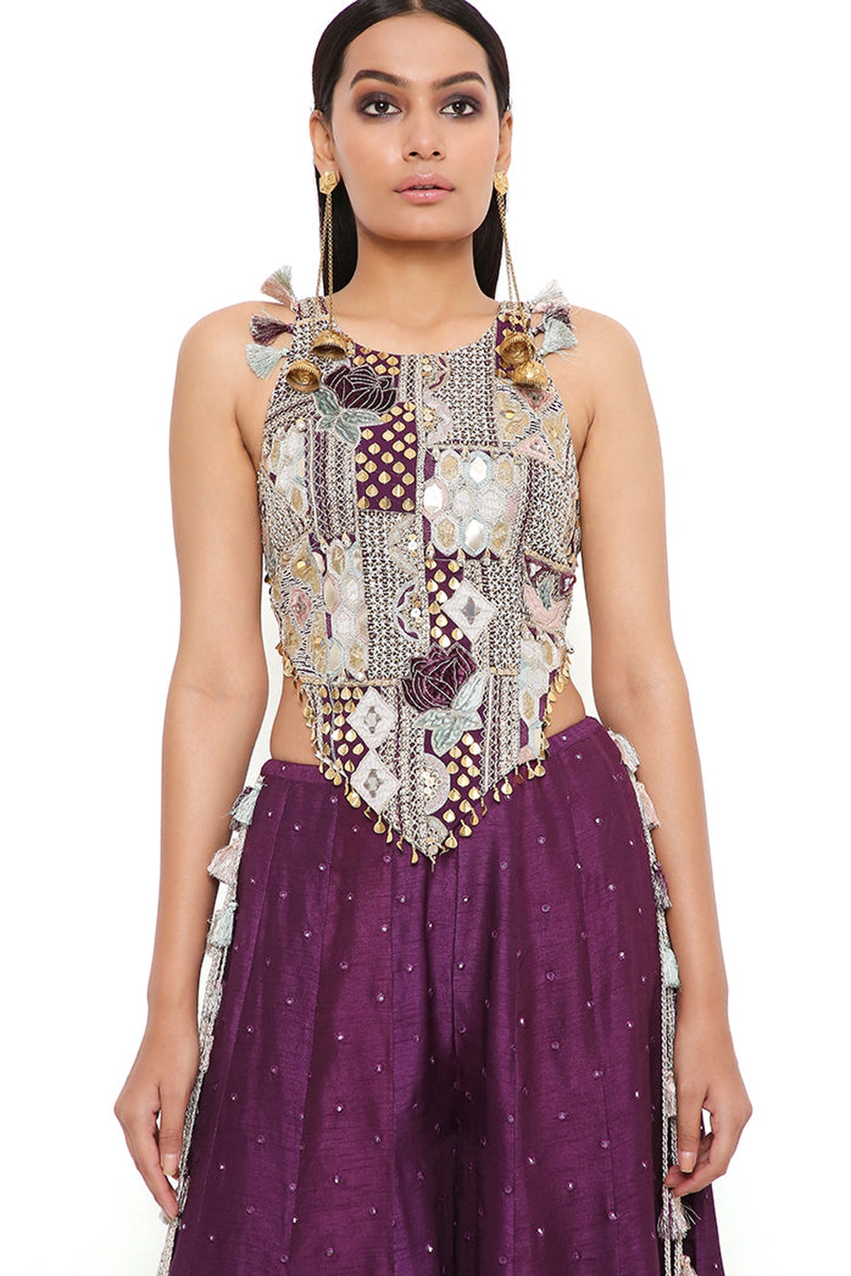 PURPLE GEORGETTE EMBROIDERED CHOLI WITH ABLA SILK SHARARA