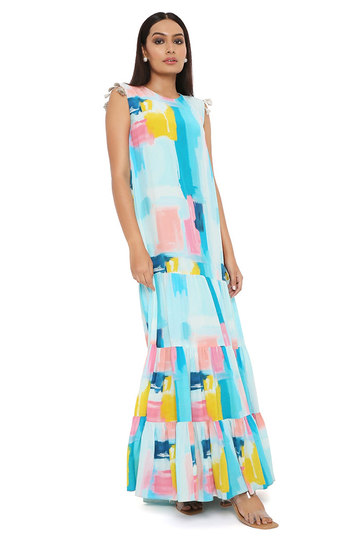 PAINTERLY PRINT CREPE FRILL DRESS