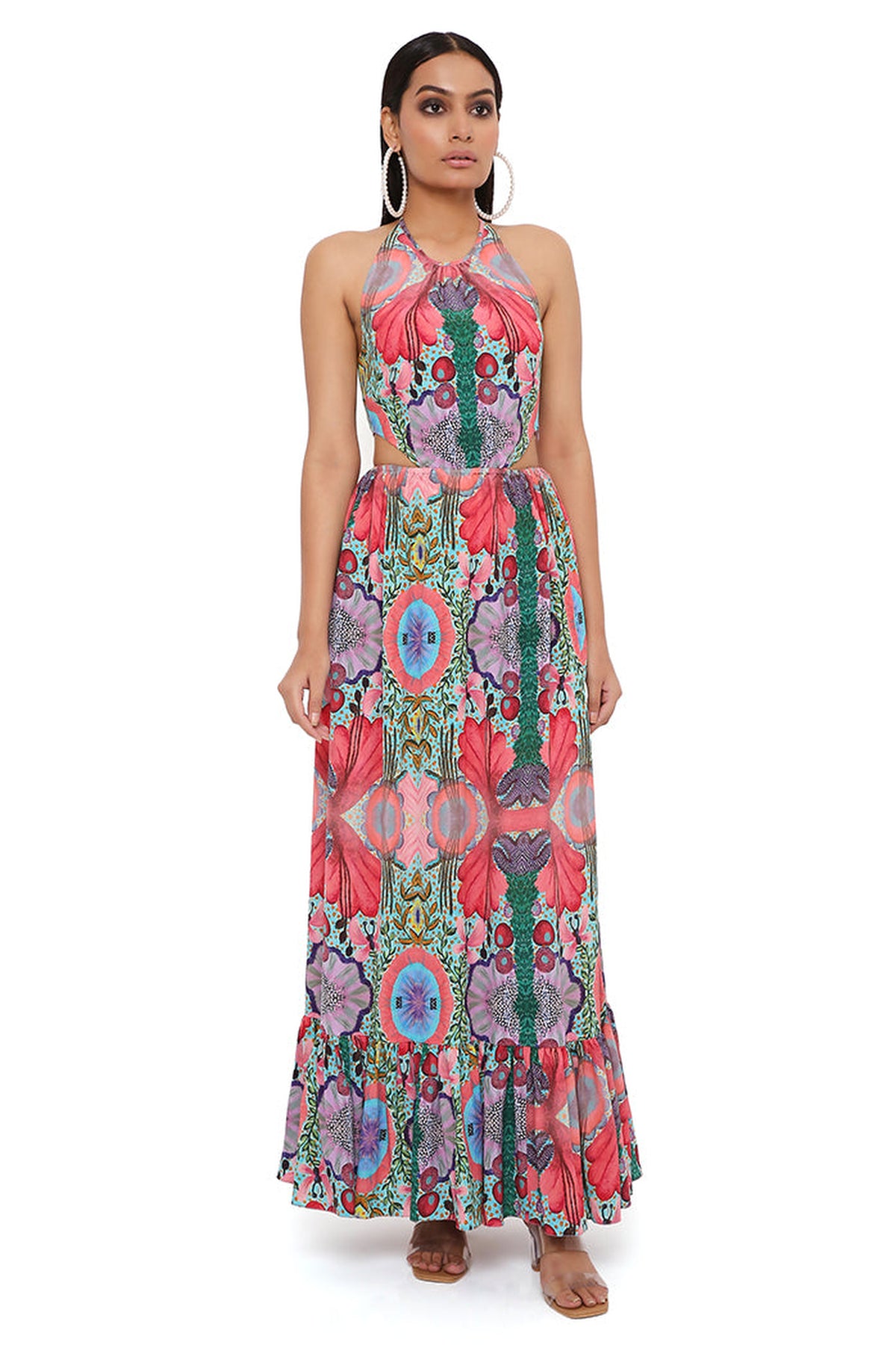RED ENCHANTED PRINT CREPE CUT-OUT DRESS