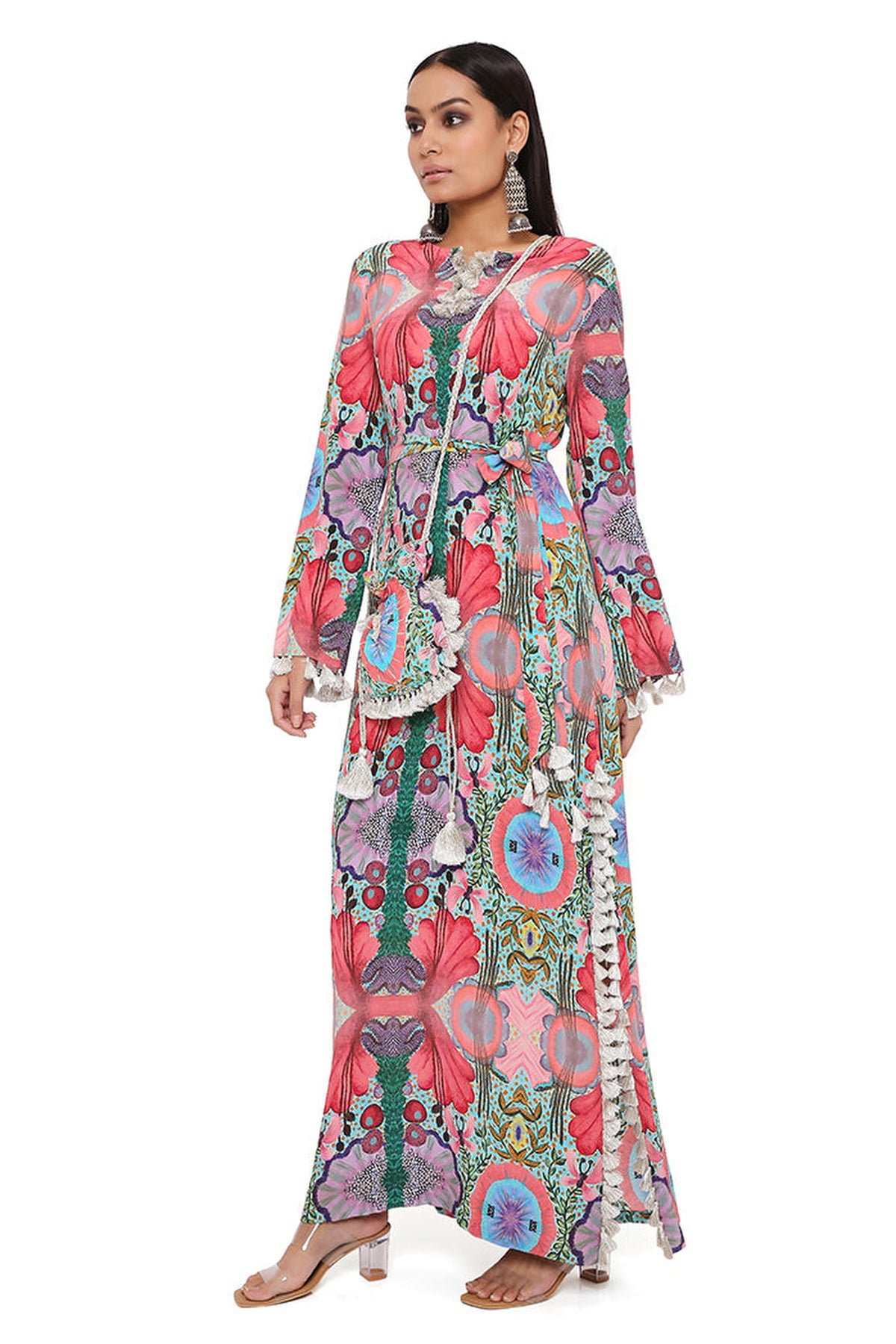 PINK ENCHANTED PRINT CREPE LONG BEYZA KAFTAN