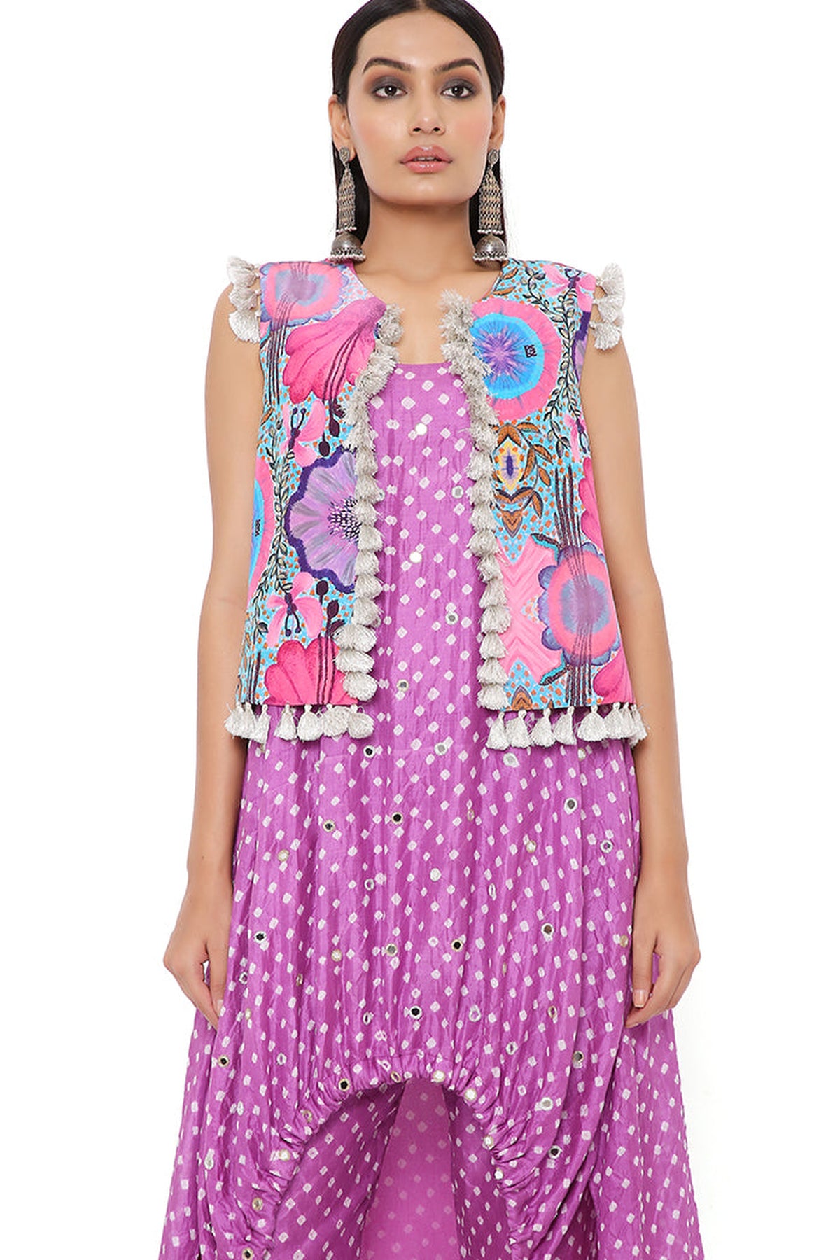 PURPLE BANDHANI SILK EMBROIDERED HIGH LOW KURTA WITH JOGGER PANTS AND PINK ENCHANTED PRINT CREPE JACKET