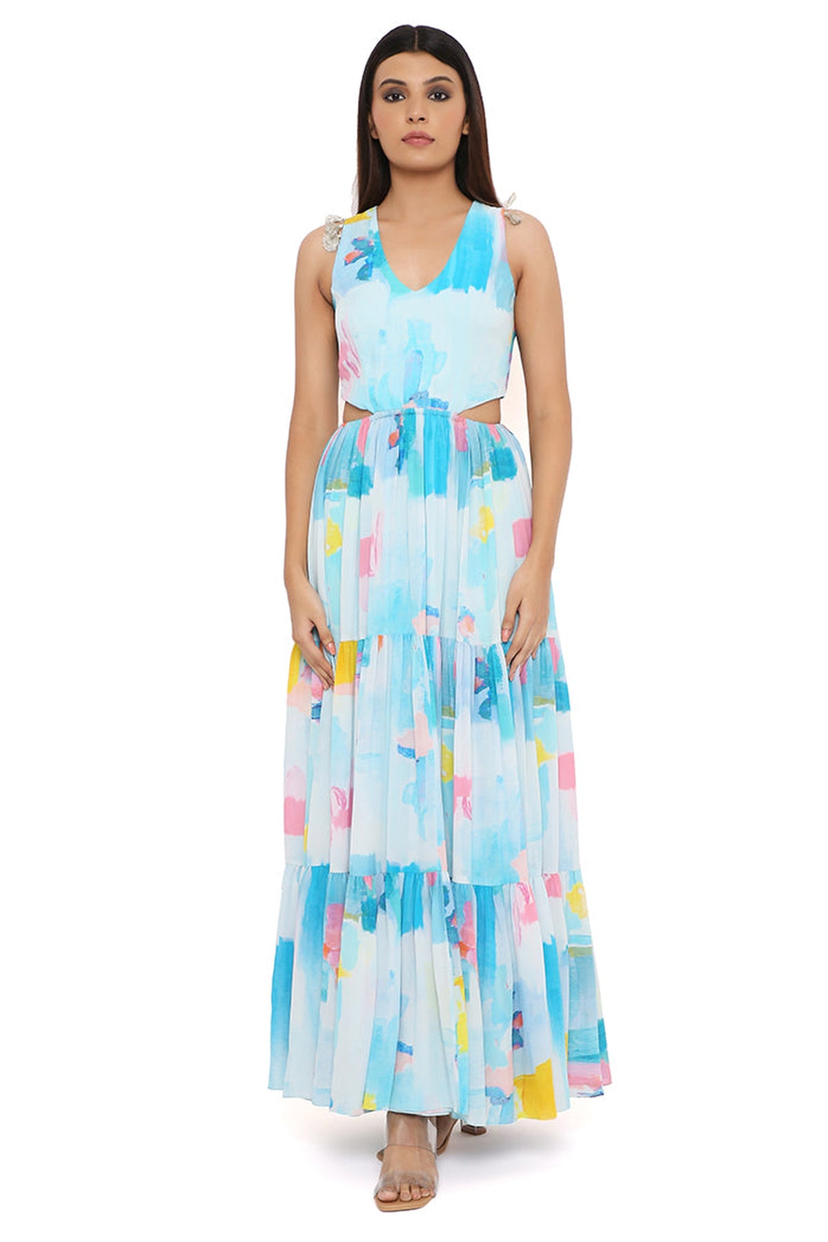 PAINTERLY PRINT CREPE CUT-OUT DRESS