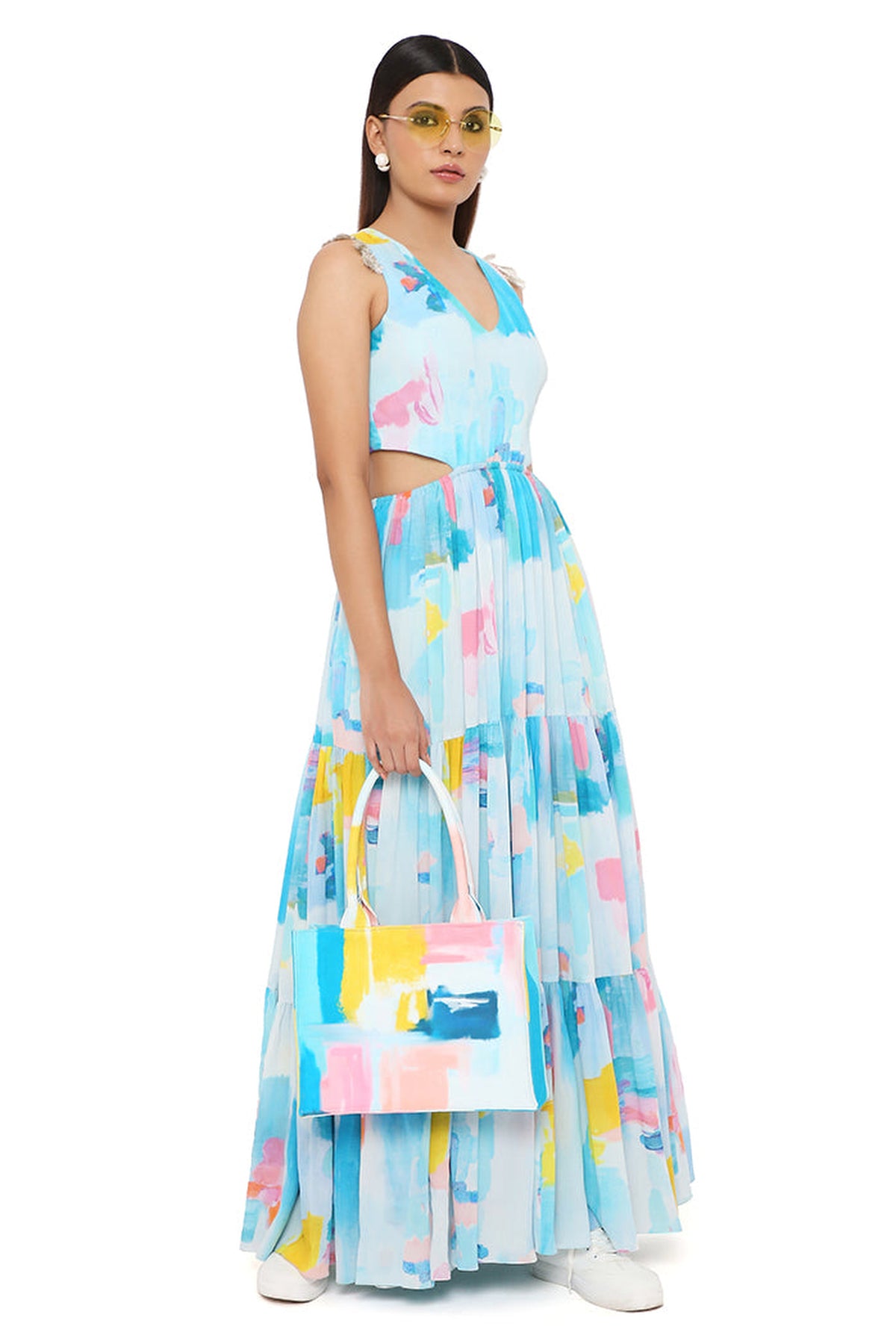 PAINTERLY PRINT CREPE CUT-OUT DRESS