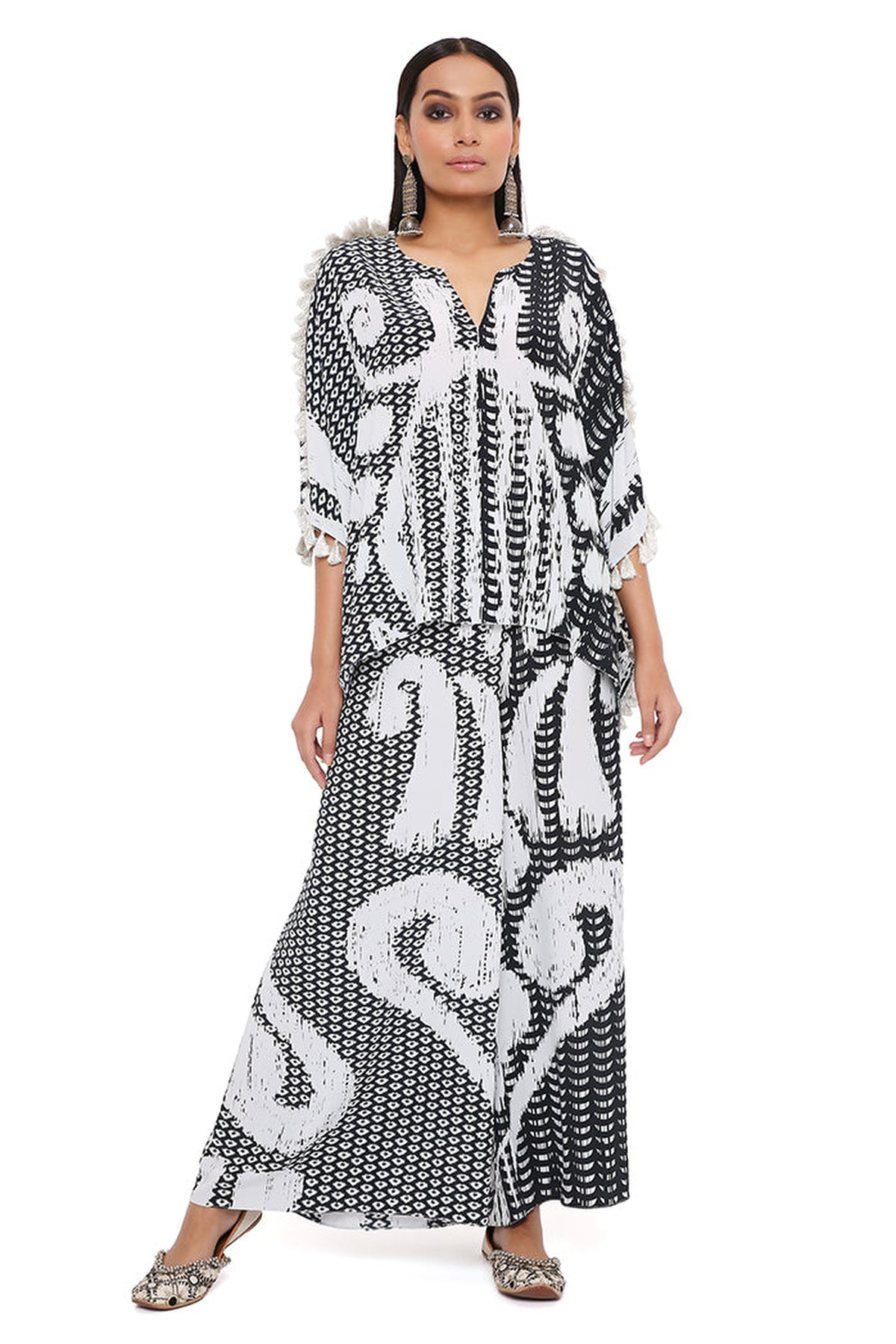 BLACK AND WHITE UZBEK PRINT CREPE KAFTAN WITH PALAZZO SET