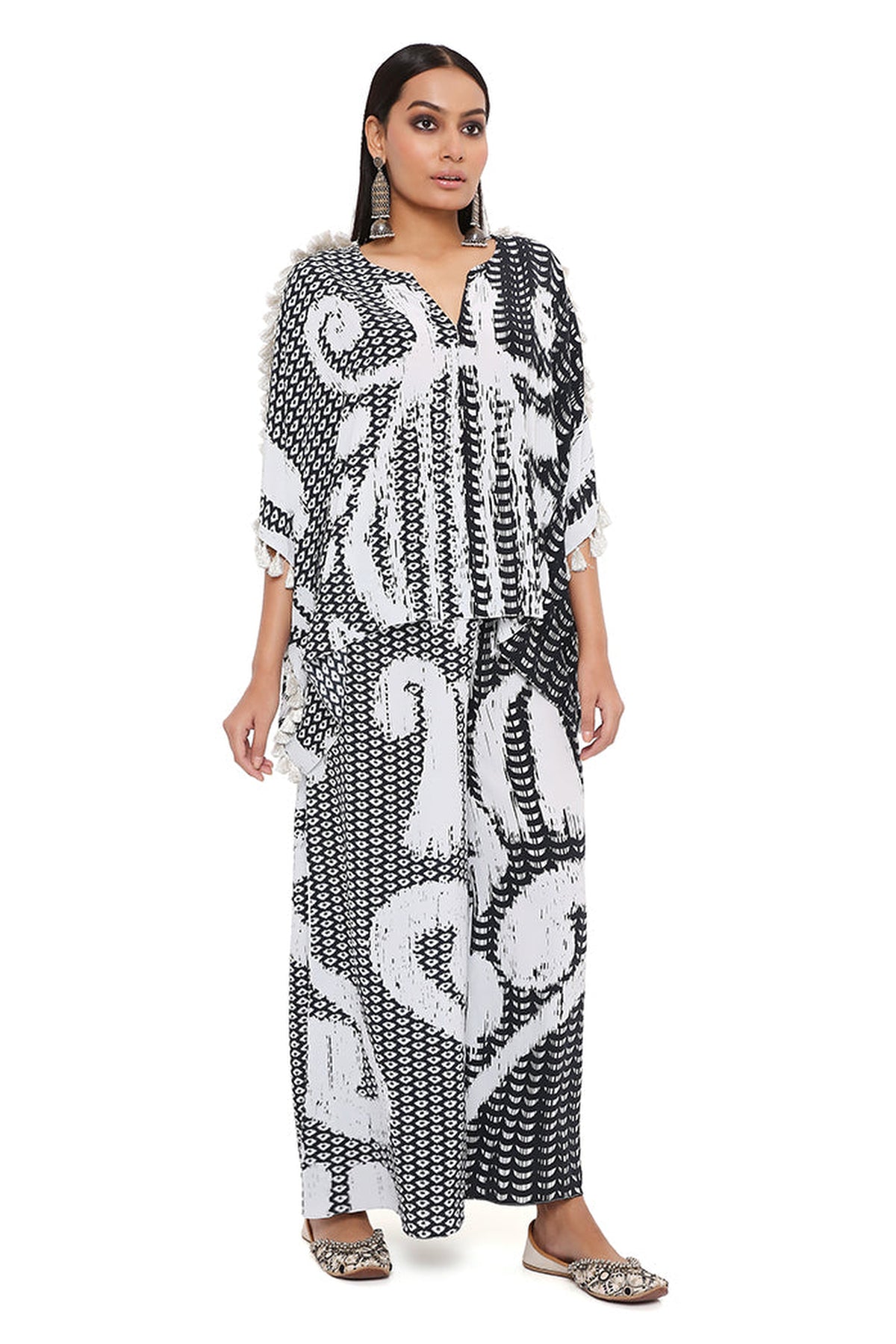 BLACK AND WHITE UZBEK PRINT CREPE KAFTAN WITH PALAZZO SET
