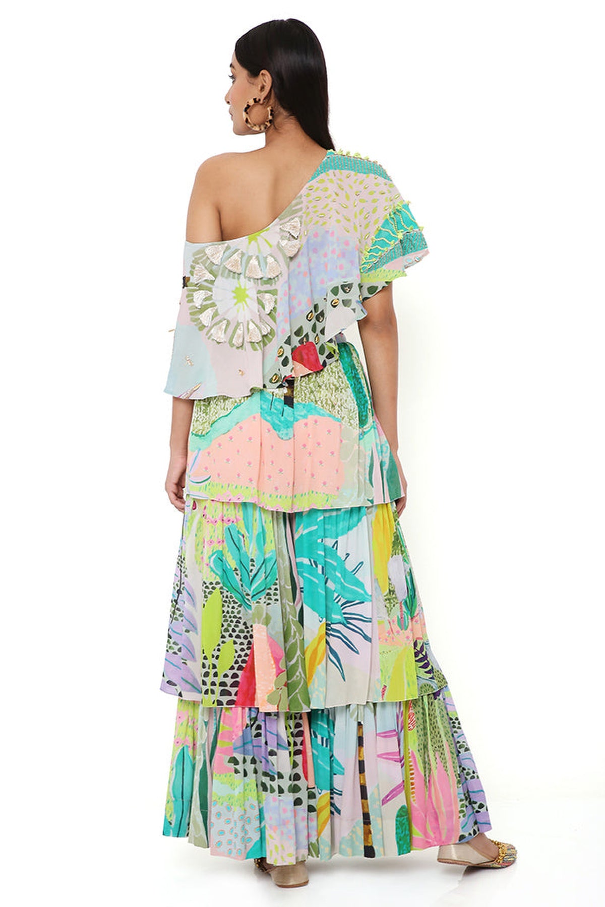 TROPICAL PRINT GEORGETTE EMBRODIERED ONE SHOULDER CAPE WITH A BUSTIER AND FRILL SHARARA