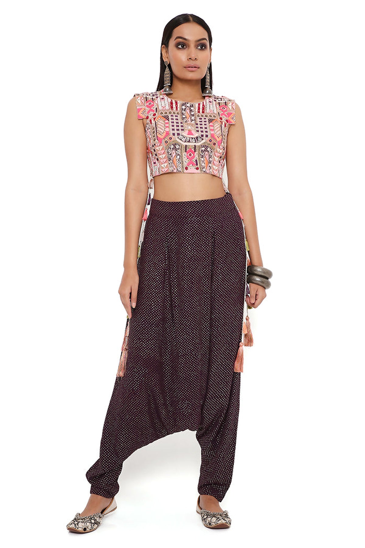 GREY GEORGETTE EMBROIDERED CROP TOP WITH PURPLE MUKAISH GEORGETTE LOW CROTCH PANTS