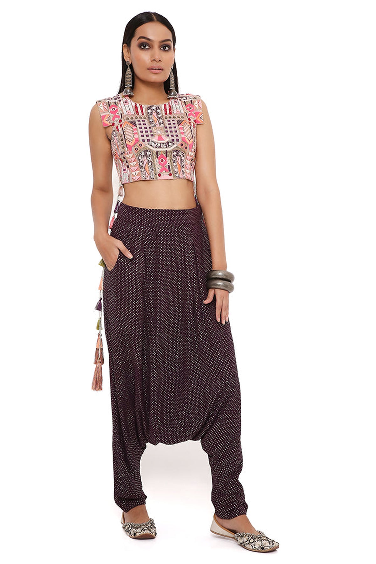 GREY GEORGETTE EMBROIDERED CROP TOP WITH PURPLE MUKAISH GEORGETTE LOW CROTCH PANTS