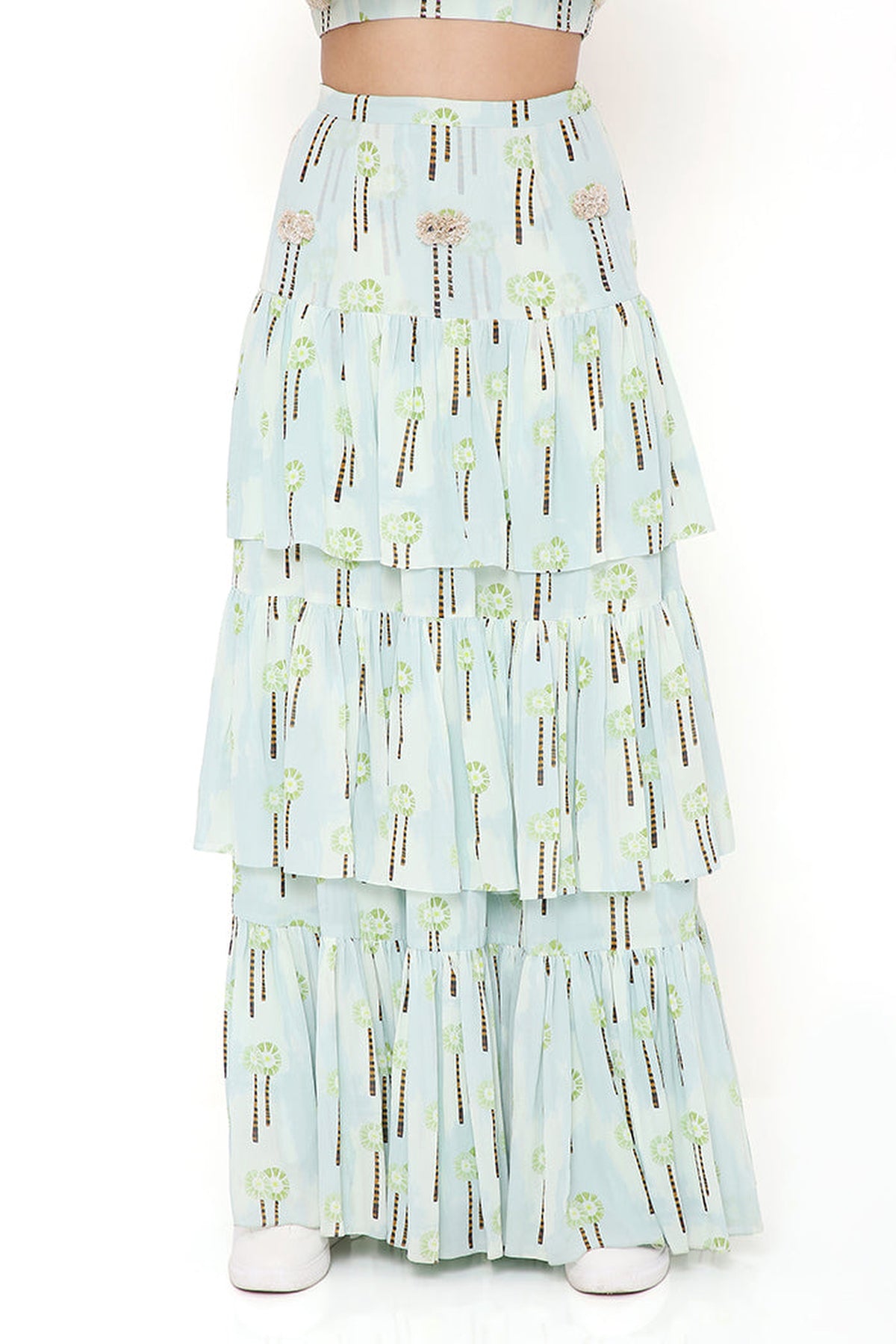 PALE BLUE SMALL PALM GEORGETTE PRINTED EMBROIDERED TOP WITH EMBROIDERED FRILL SKIRT