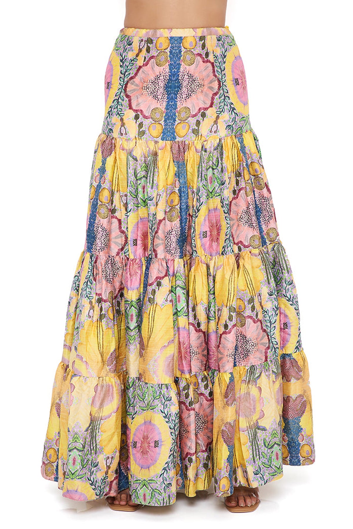 YELLOW ENCHANTED PRINT SILK EMBROIDERED BUSTIER WITH A SKIRT