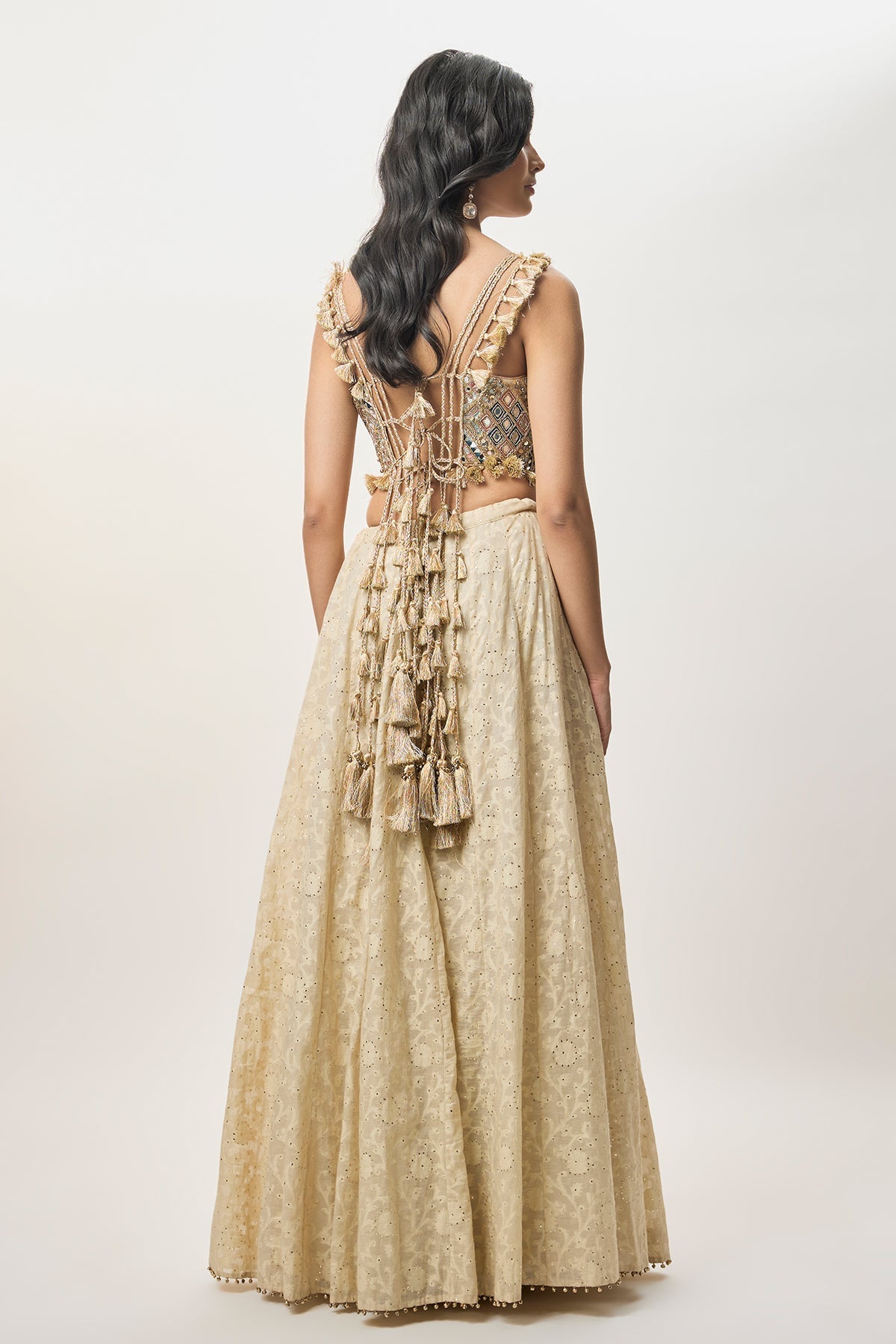 Yasna Stone Georgette Half Back Covered Embroidered Choli With Lehenga And Mukaish Mul Dupatta