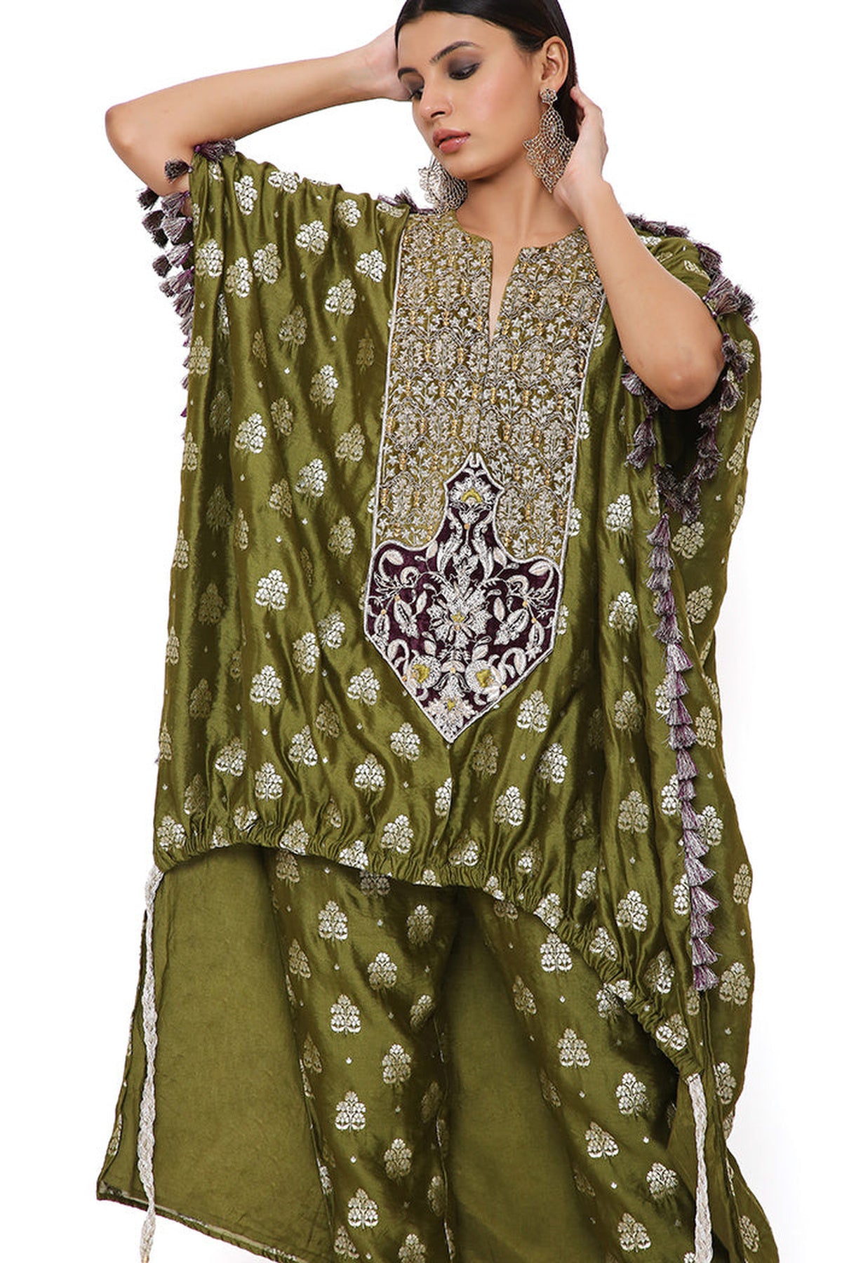 OLIVE BANARASI HIGH LOW KURTA WITH JOGGER PANTS