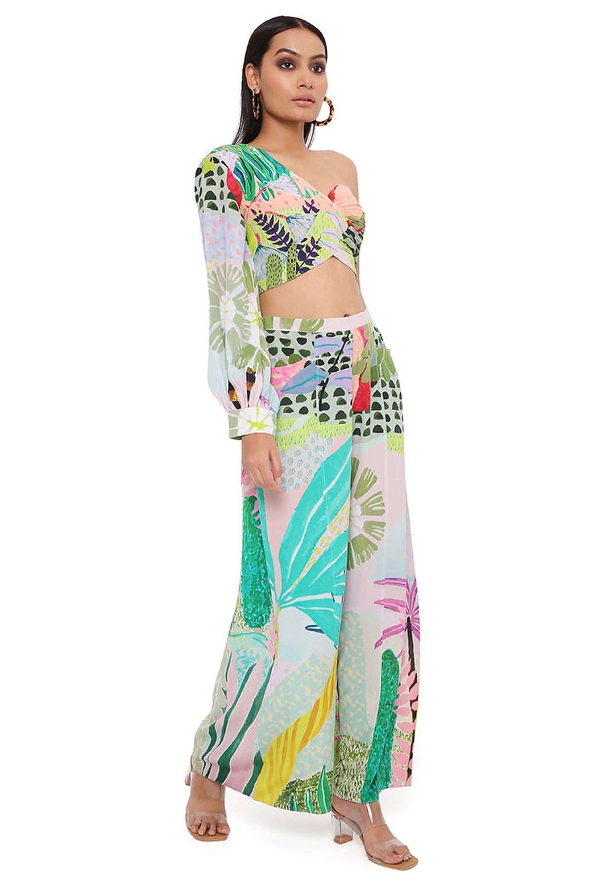 TROPICAL PRINT CREPE ONE SHOULDER TOP WITH PALAZZO